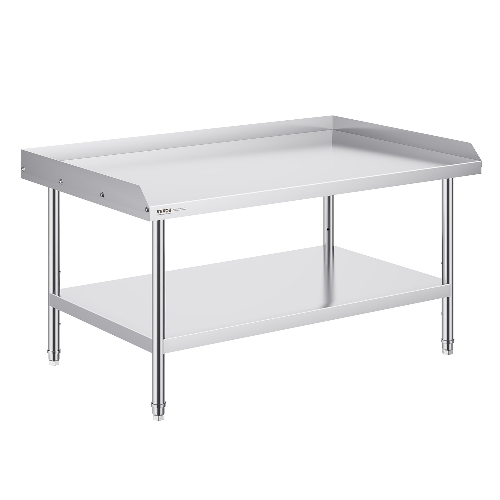 VEVOR stainless steel work table with undershelf and backsplash, ideal for kitchens and workspaces.