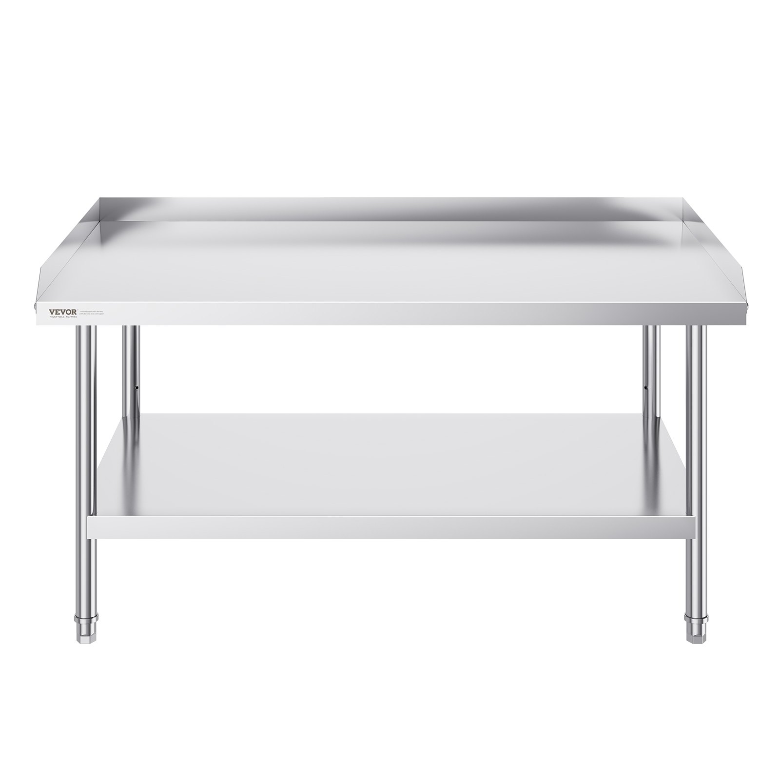 VEVOR stainless steel work table with lower shelf and backsplash.