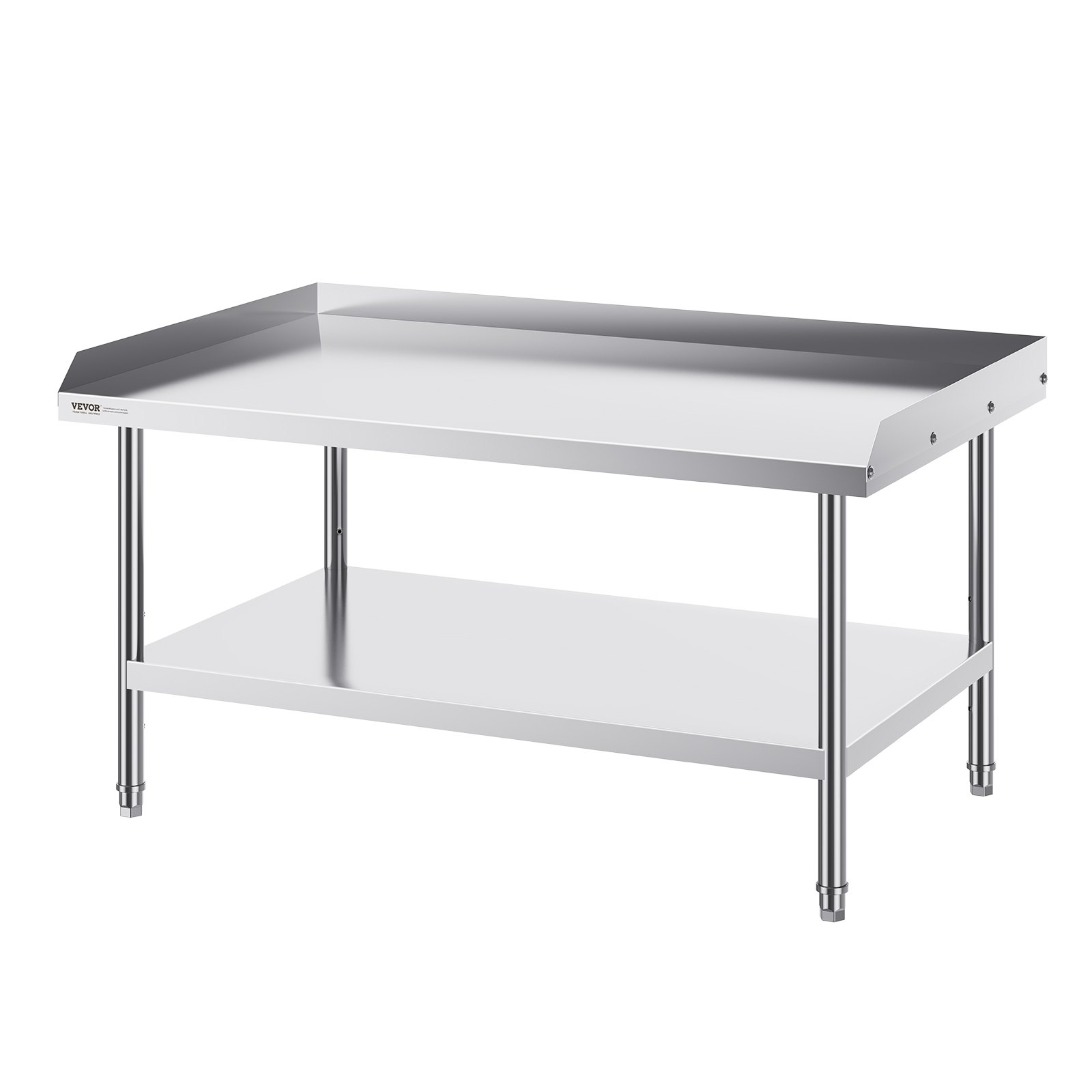 VEVOR stainless steel work table with a bottom shelf and raised edges on a sleek, polished surface.