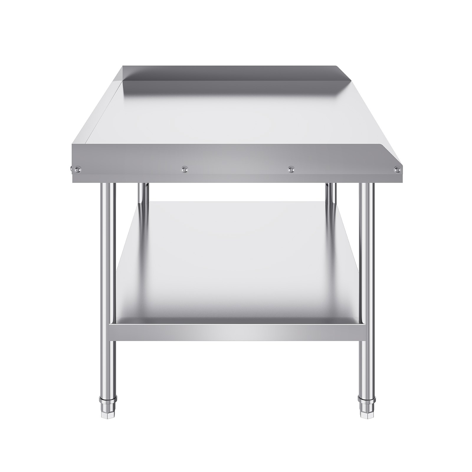 VEVOR stainless steel work table with undershelf and backsplash, sturdy metal legs, and adjustable feet.