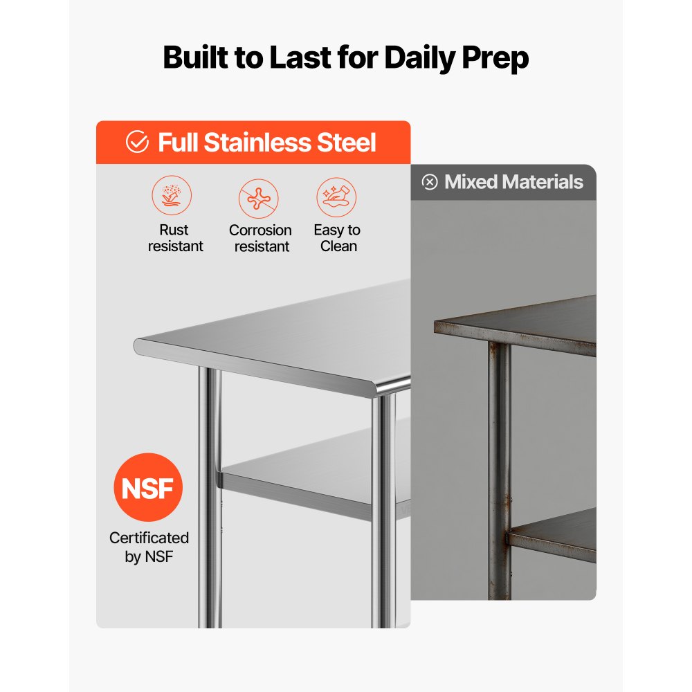 VEVOR Stainless Steel Work Table, 61x91.5 cm Food Prep Table with 2 Shelves and Wheels, Commercial Kitchen Workstation, Metal Heavy Duty Utility Worktable, for Restaurant Home Hotel Garage Outdoor