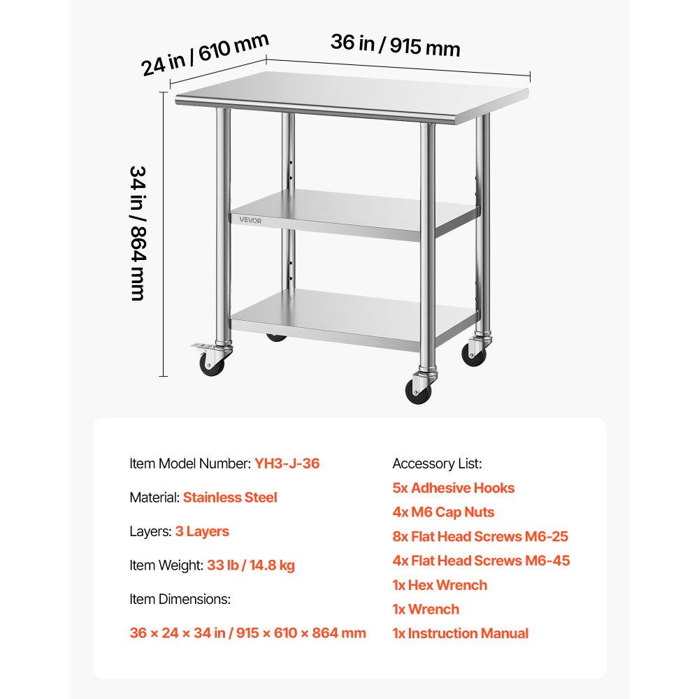 VEVOR Stainless Steel Work Table, 61x91.5 cm Food Prep Table with 2 Shelves and Wheels, Commercial Kitchen Workstation, Metal Heavy Duty Utility Worktable, for Restaurant Home Hotel Garage Outdoor