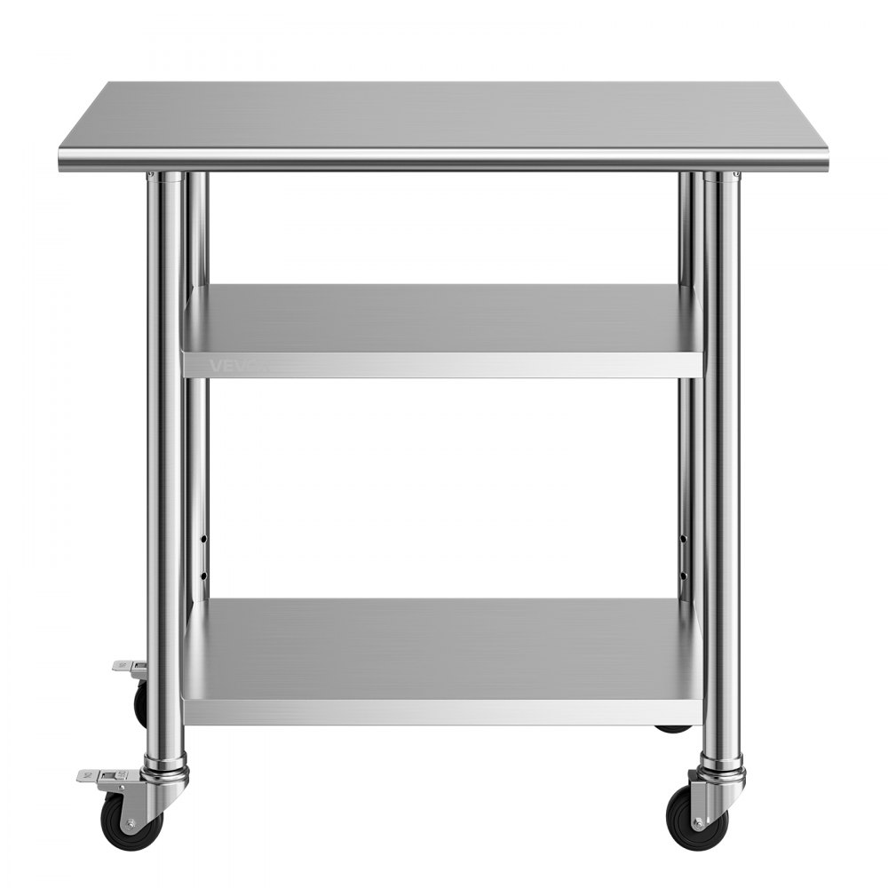 VEVOR Stainless Steel Work Table, 61x91.5 cm Food Prep Table with 2 Shelves and Wheels, Commercial Kitchen Workstation, Metal Heavy Duty Utility Worktable, for Restaurant Home Hotel Garage Outdoor