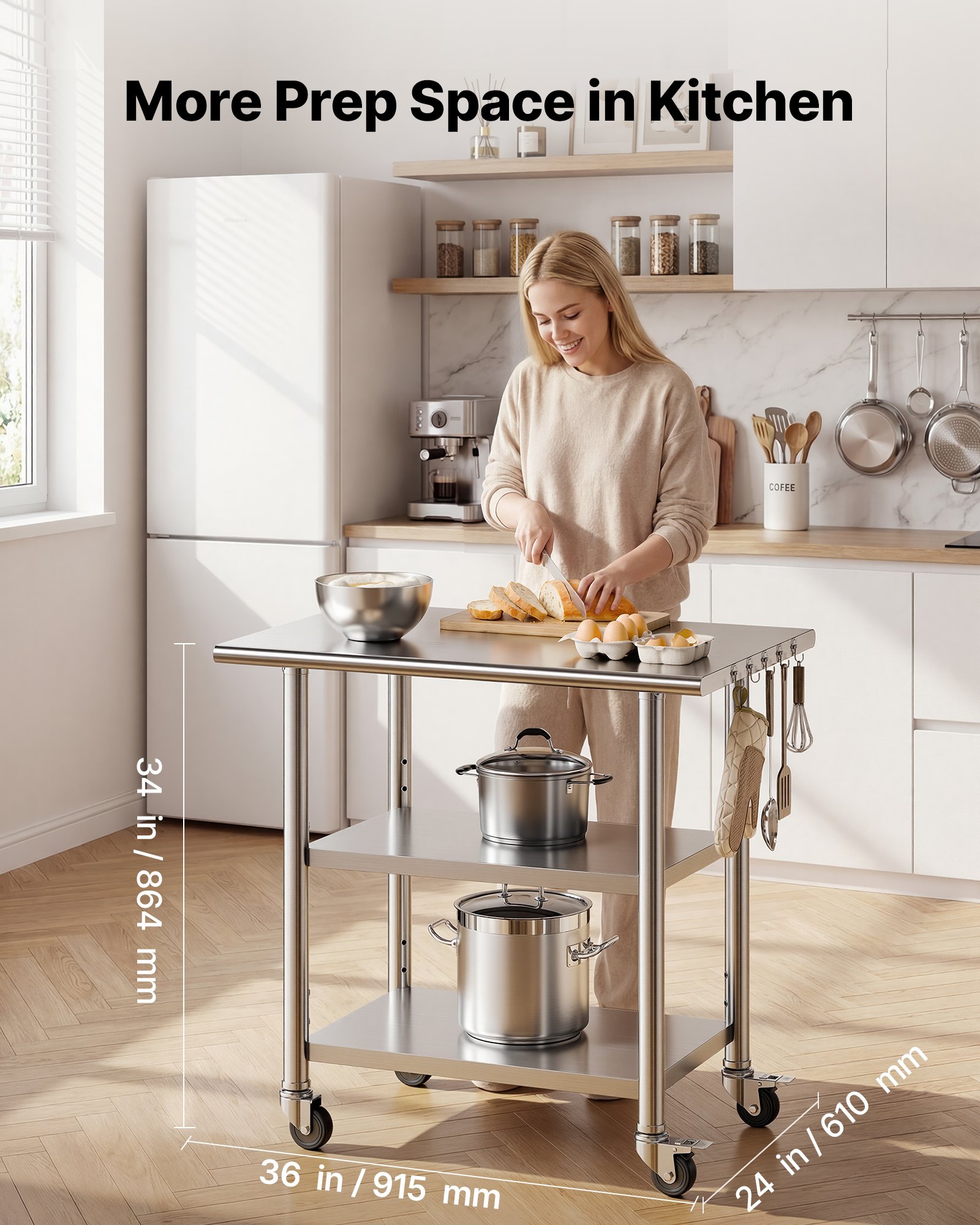 VEVOR Stainless Steel Work Table, 61x91.5 cm Food Prep Table with 2 Shelves and Wheels, Commercial Kitchen Workstation, Metal Heavy Duty Utility Worktable, for Restaurant Home Hotel Garage Outdoor