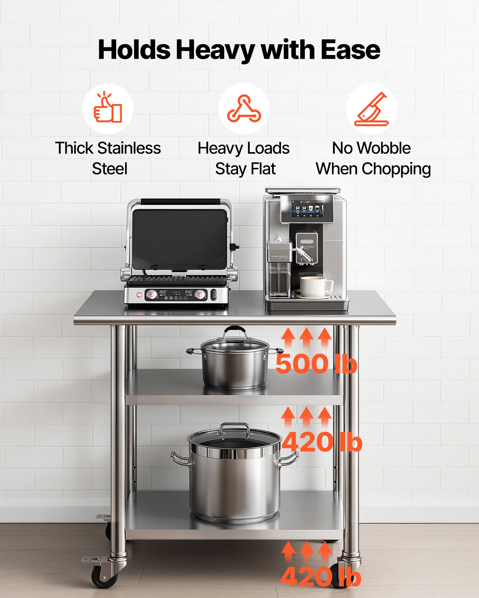 VEVOR Stainless Steel Work Table, 61x91.5 cm Food Prep Table with 2 Shelves and Wheels, Commercial Kitchen Workstation, Metal Heavy Duty Utility Worktable, for Restaurant Home Hotel Garage Outdoor