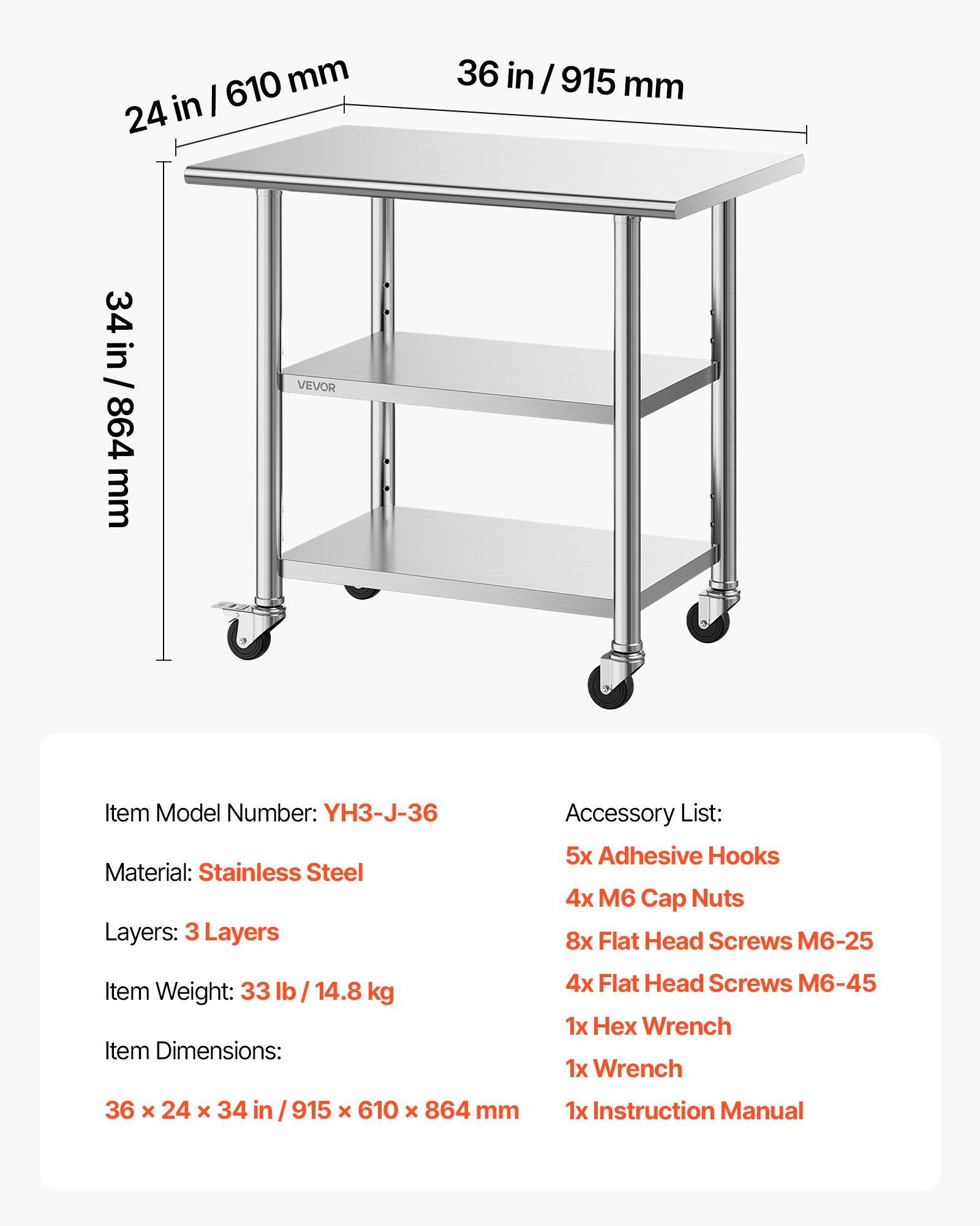 VEVOR Stainless Steel Work Table, 61x91.5 cm Food Prep Table with 2 Shelves and Wheels, Commercial Kitchen Workstation, Metal Heavy Duty Utility Worktable, for Restaurant Home Hotel Garage Outdoor