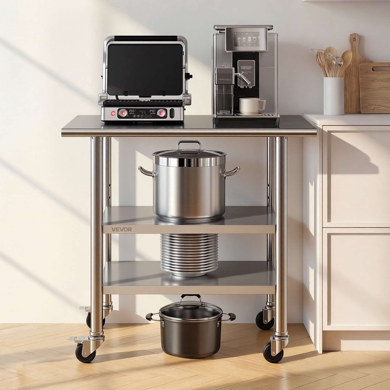VEVOR Stainless Steel Work Table, 61x91.5 cm Food Prep Table with 2 Shelves and Wheels, Commercial Kitchen Workstation, Metal Heavy Duty Utility Worktable, for Restaurant Home Hotel Garage Outdoor