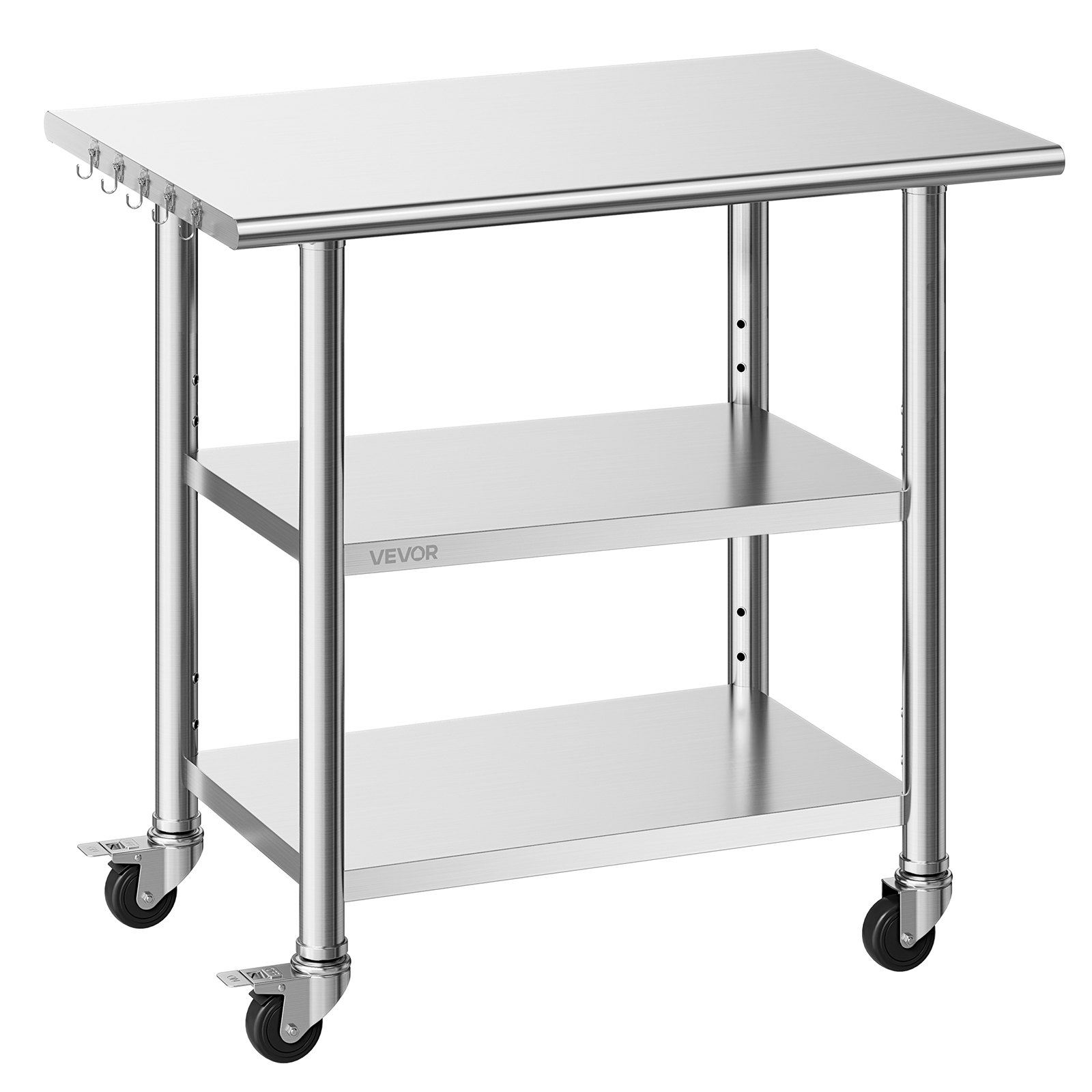 VEVOR Stainless Steel Work Table, 61x91.5 cm Food Prep Table with 2 Shelves and Wheels, Commercial Kitchen Workstation, Metal Heavy Duty Utility Worktable, for Restaurant Home Hotel Garage Outdoor