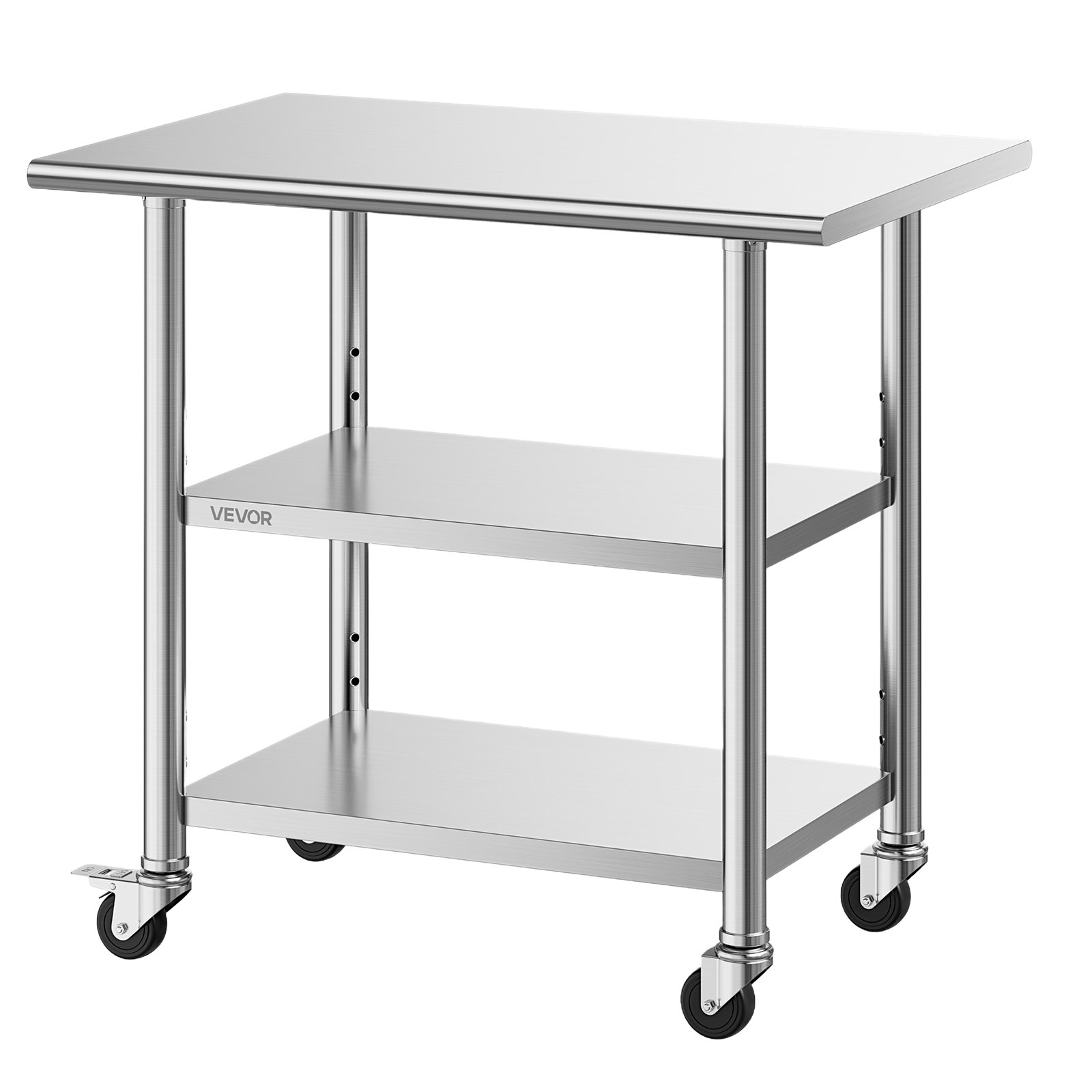VEVOR Stainless Steel Work Table, 61x91.5 cm Food Prep Table with 2 Shelves and Wheels, Commercial Kitchen Workstation, Metal Heavy Duty Utility Worktable, for Restaurant Home Hotel Garage Outdoor
