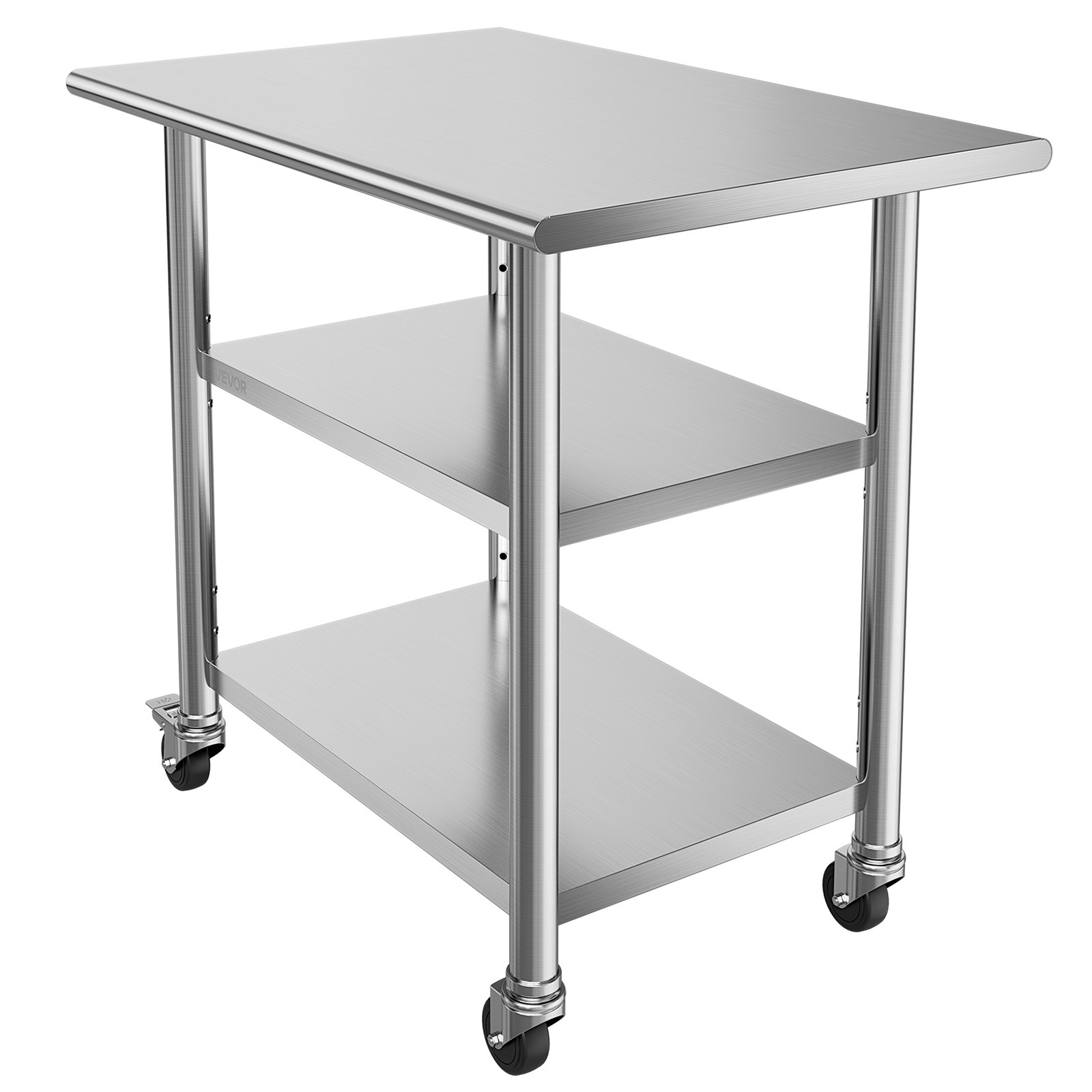VEVOR Stainless Steel Work Table, 61x91.5 cm Food Prep Table with 2 Shelves and Wheels, Commercial Kitchen Workstation, Metal Heavy Duty Utility Worktable, for Restaurant Home Hotel Garage Outdoor