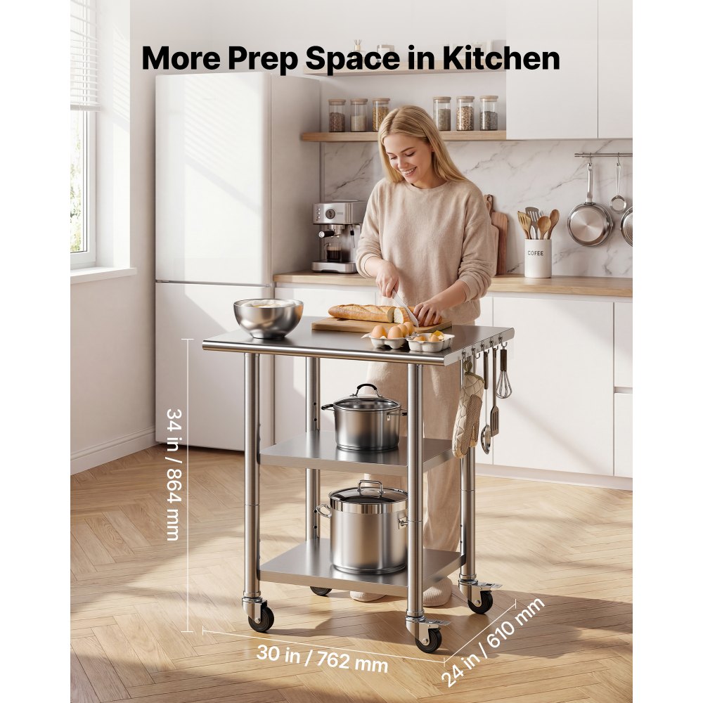 VEVOR Stainless Steel Work Table, 61x76 cm Food Prep Table with 2 Shelves and Wheels, Commercial Kitchen Workstation, Metal Heavy Duty Utility Worktable, for Restaurant Home Hotel Garage Outdoor