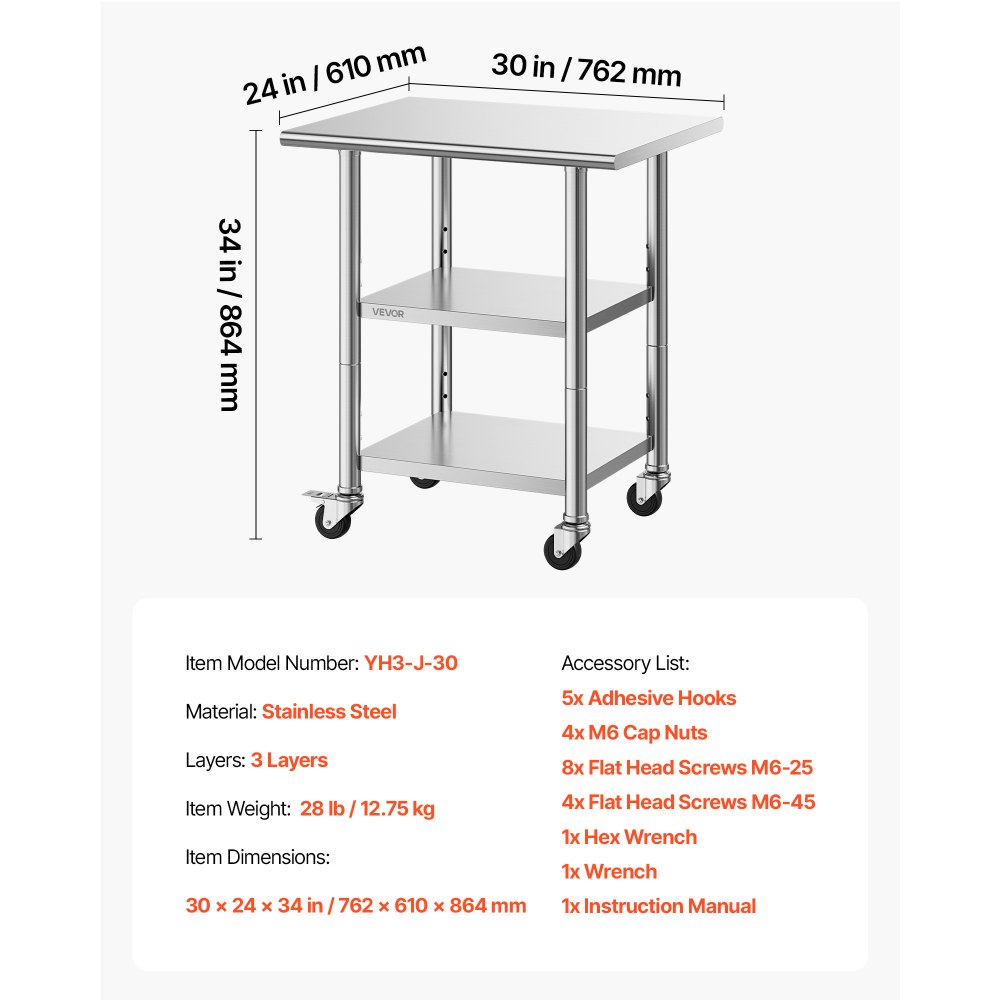VEVOR Stainless Steel Work Table, 61x76 cm Food Prep Table with 2 Shelves and Wheels, Commercial Kitchen Workstation, Metal Heavy Duty Utility Worktable, for Restaurant Home Hotel Garage Outdoor