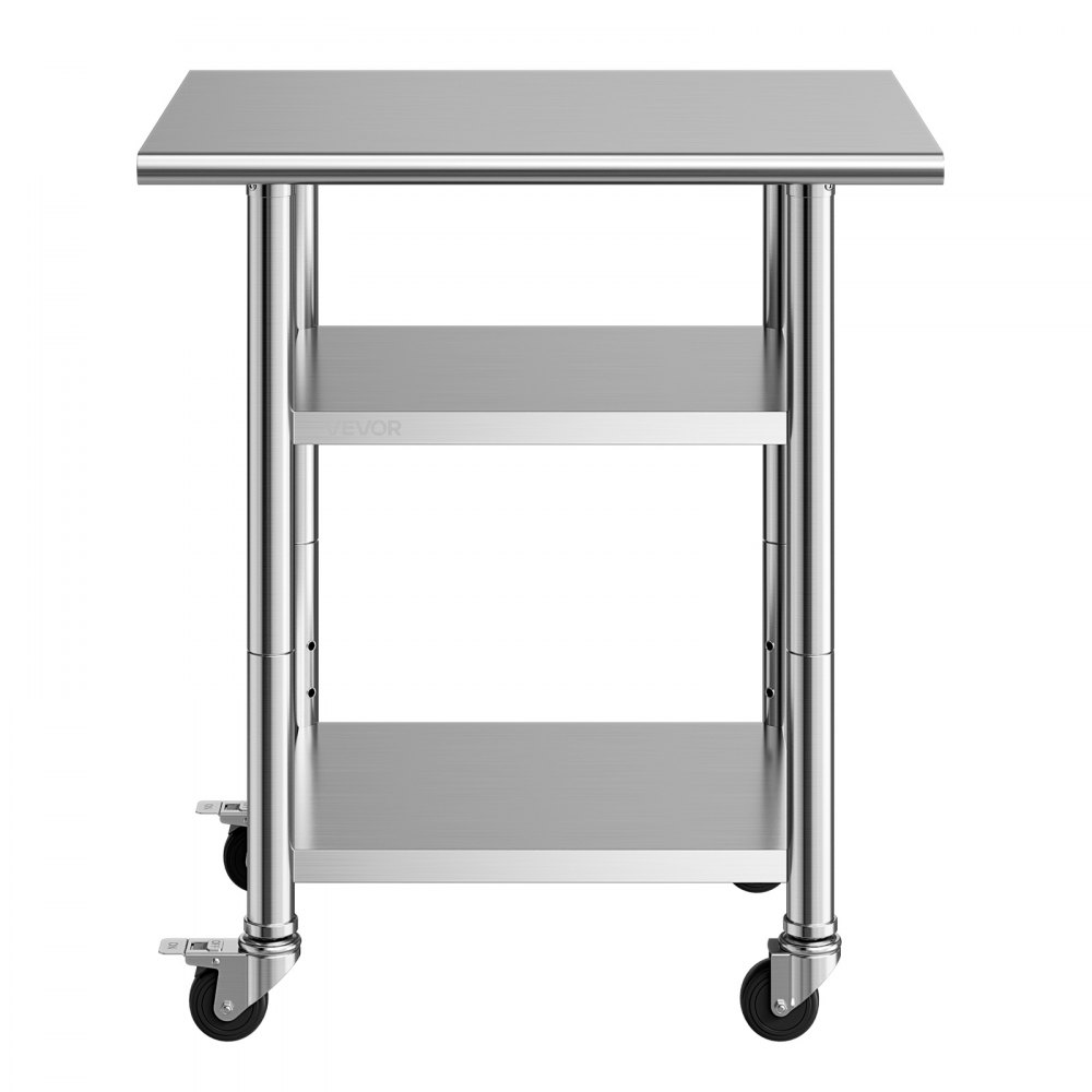 VEVOR Stainless Steel Work Table, 61x76 cm Food Prep Table with 2 Shelves and Wheels, Commercial Kitchen Workstation, Metal Heavy Duty Utility Worktable, for Restaurant Home Hotel Garage Outdoor