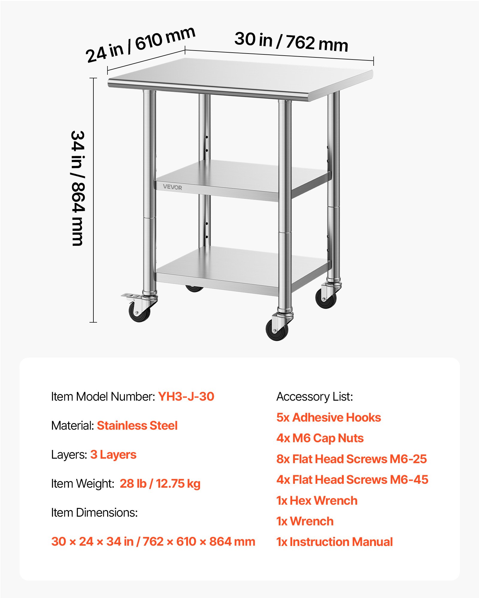 VEVOR Stainless Steel Work Table, 61x76 cm Food Prep Table with 2 Shelves and Wheels, Commercial Kitchen Workstation, Metal Heavy Duty Utility Worktable, for Restaurant Home Hotel Garage Outdoor