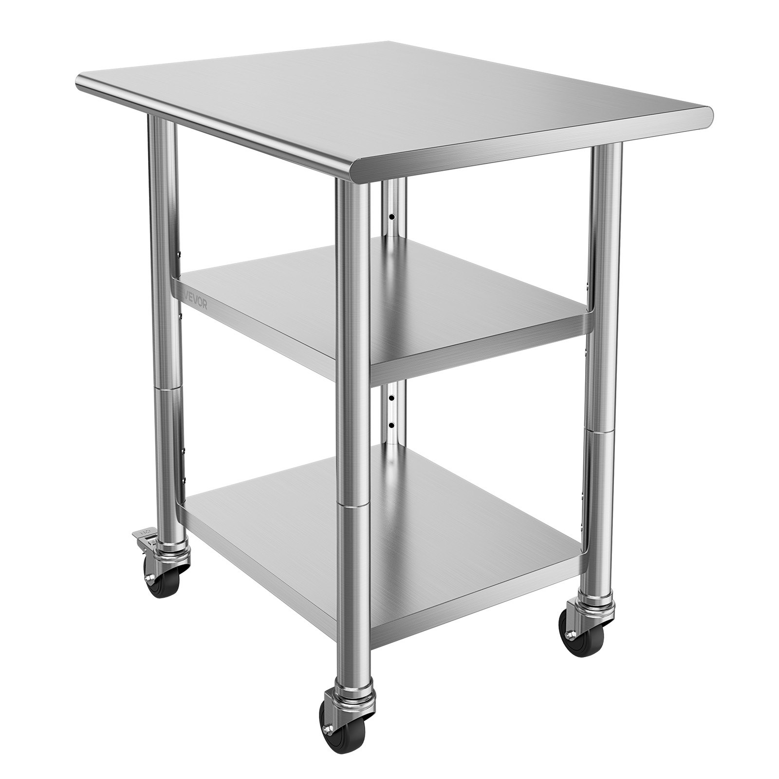 VEVOR Stainless Steel Work Table, 61x76 cm Food Prep Table with 2 Shelves and Wheels, Commercial Kitchen Workstation, Metal Heavy Duty Utility Worktable, for Restaurant Home Hotel Garage Outdoor