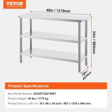 VEVOR Stainless Steel Food Prep Table, 18 x 48 x 34 Inch Commercial Kitchen Worktable, with 2 Adjustable Undershelf, Heavy Duty Prep Table Metal Work Table for BBQ, Kitchen, Home, and Garage