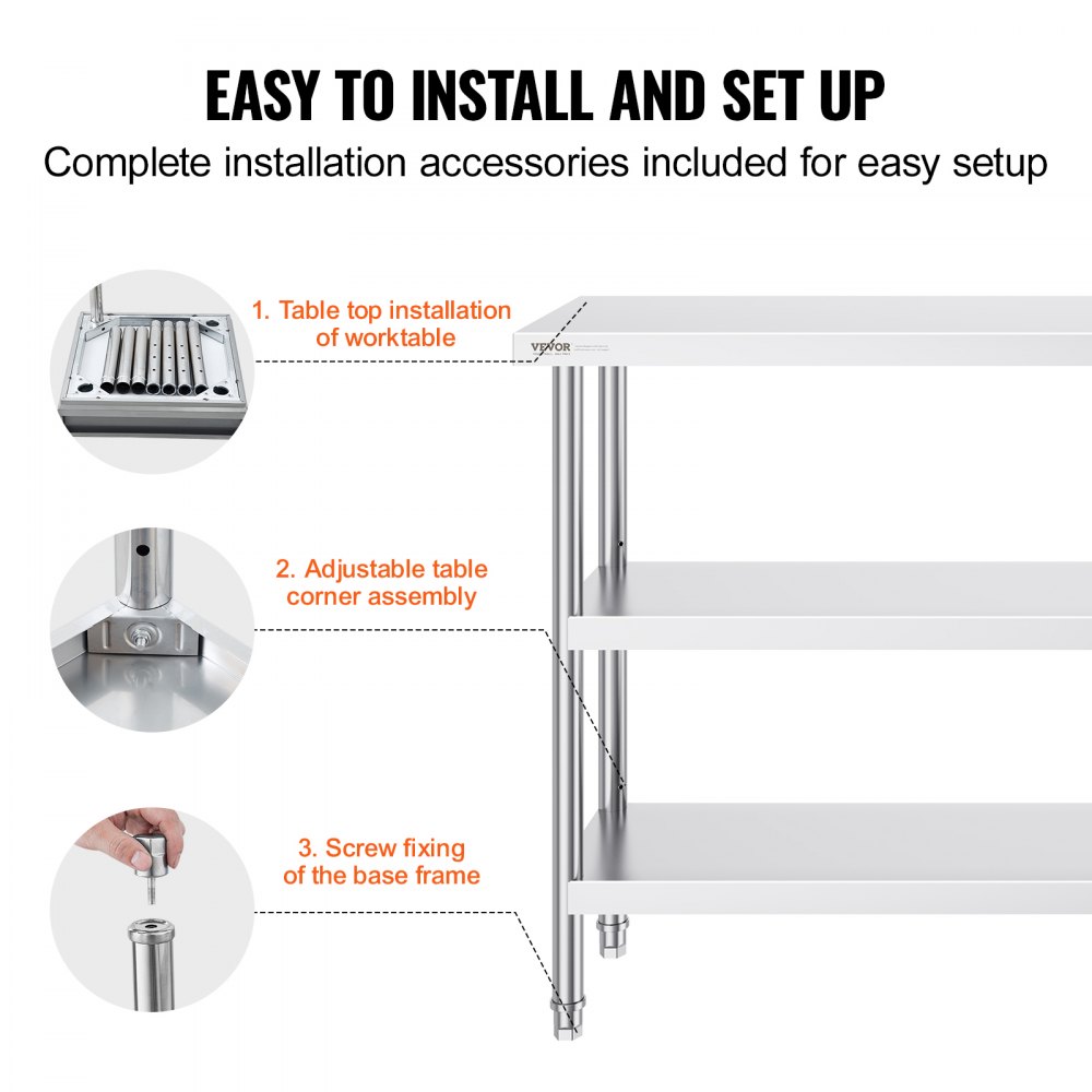 VEVOR Stainless Steel Food Prep Table, 356 x 1524 x 864 mm Commercial Kitchen Worktable, with 2 Adjustable Undershelf, Heavy Duty Prep Table Metal Work Table for BBQ, Kitchen, Home, and Garage