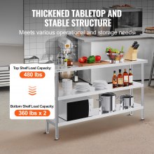VEVOR Stainless Steel Food Prep Table, 14 x 60 x 34 Inch Commercial Kitchen Worktable, with 2 Adjustable Undershelf, Heavy Duty Prep Table Metal Work Table for BBQ, Kitchen, Home, and Garage