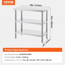 VEVOR Stainless Steel Food Prep Table, 18 x 36 x 34 Inch Commercial Kitchen Worktable, with 2 Adjustable Undershelf, Heavy Duty Prep Table Metal Work Table for BBQ, Kitchen, Home, and Garage