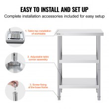 VEVOR Stainless Steel Food Prep Table, 14 x 24 x 34 Inch Commercial Kitchen Worktable, with 2 Adjustable Undershelf, Heavy Duty Prep Table Metal Work Table for BBQ, Kitchen, Home, and Garage
