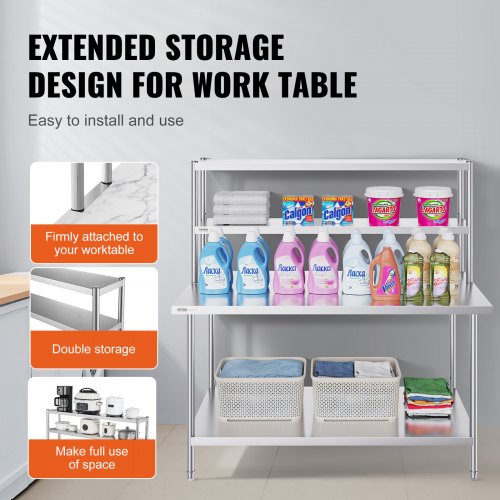 Stainless Work Table, With Wide Double Tier Overshelf Kitchen Storage Rack For Kitchen Prep & Work Table Strong Bearing Capacity Detachable Easy To