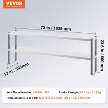 VEVOR Double Overshelf Stainless Steel Overshelf 2-Tier 12"x72" for Prep Table
