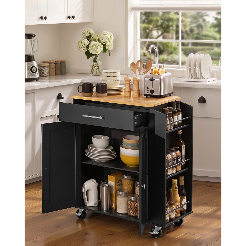 VEVOR Kitchen Island Cart with Storage, 31.3 in Wide Mobile Rolling Storage Island on Swivel Wheels, with Drawer, Storage Cabinet, Spice/Towel Rack, Table for Home Dining Room, Black