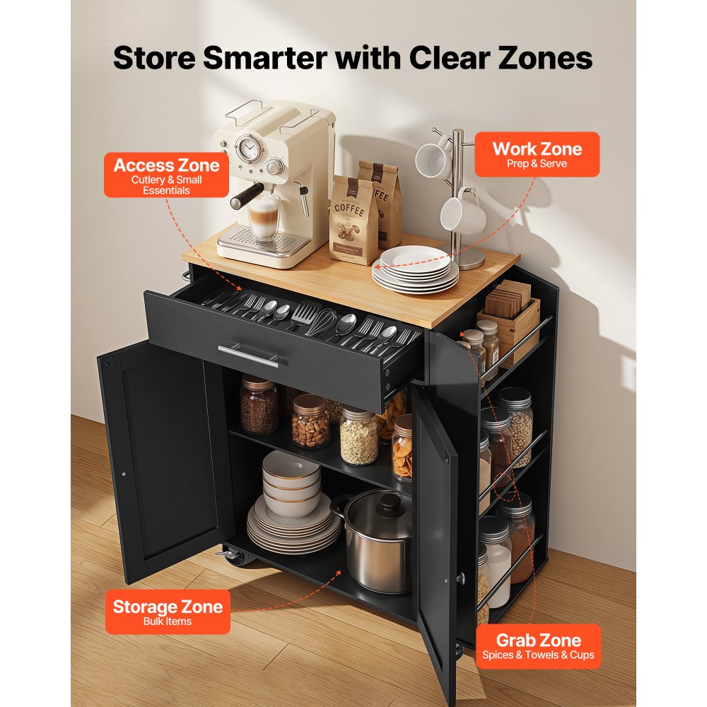 VEVOR Kitchen Island Cart with Storage, 31.3 in Wide Mobile Rolling Storage Island on Swivel Wheels, with Drawer, Storage Cabinet, Spice/Towel Rack, Table for Home Dining Room, Black