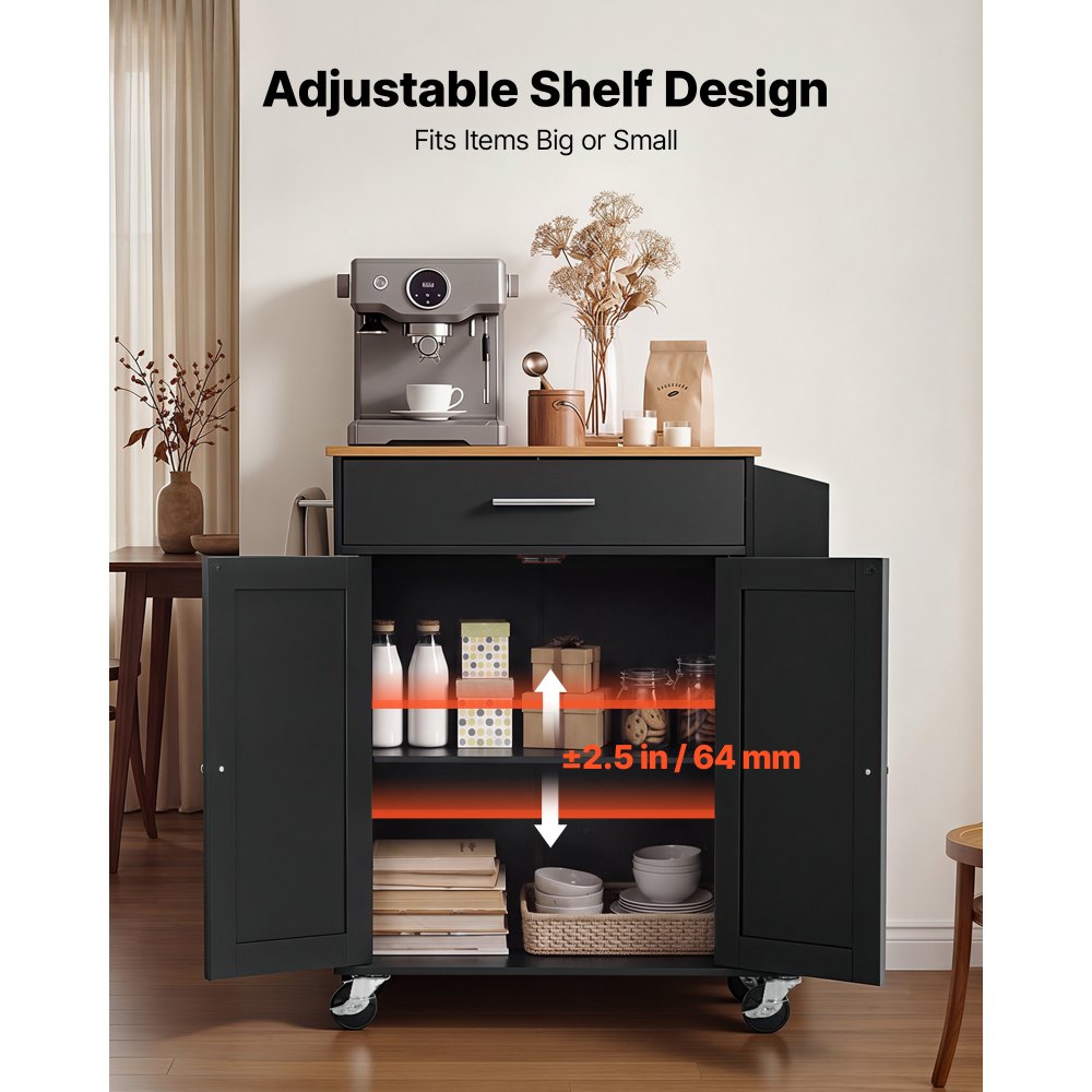 VEVOR Kitchen Island Cart with Storage, 31.3 in Wide Mobile Rolling Storage Island on Swivel Wheels, with Drawer, Storage Cabinet, Spice/Towel Rack, Table for Home Dining Room, Black