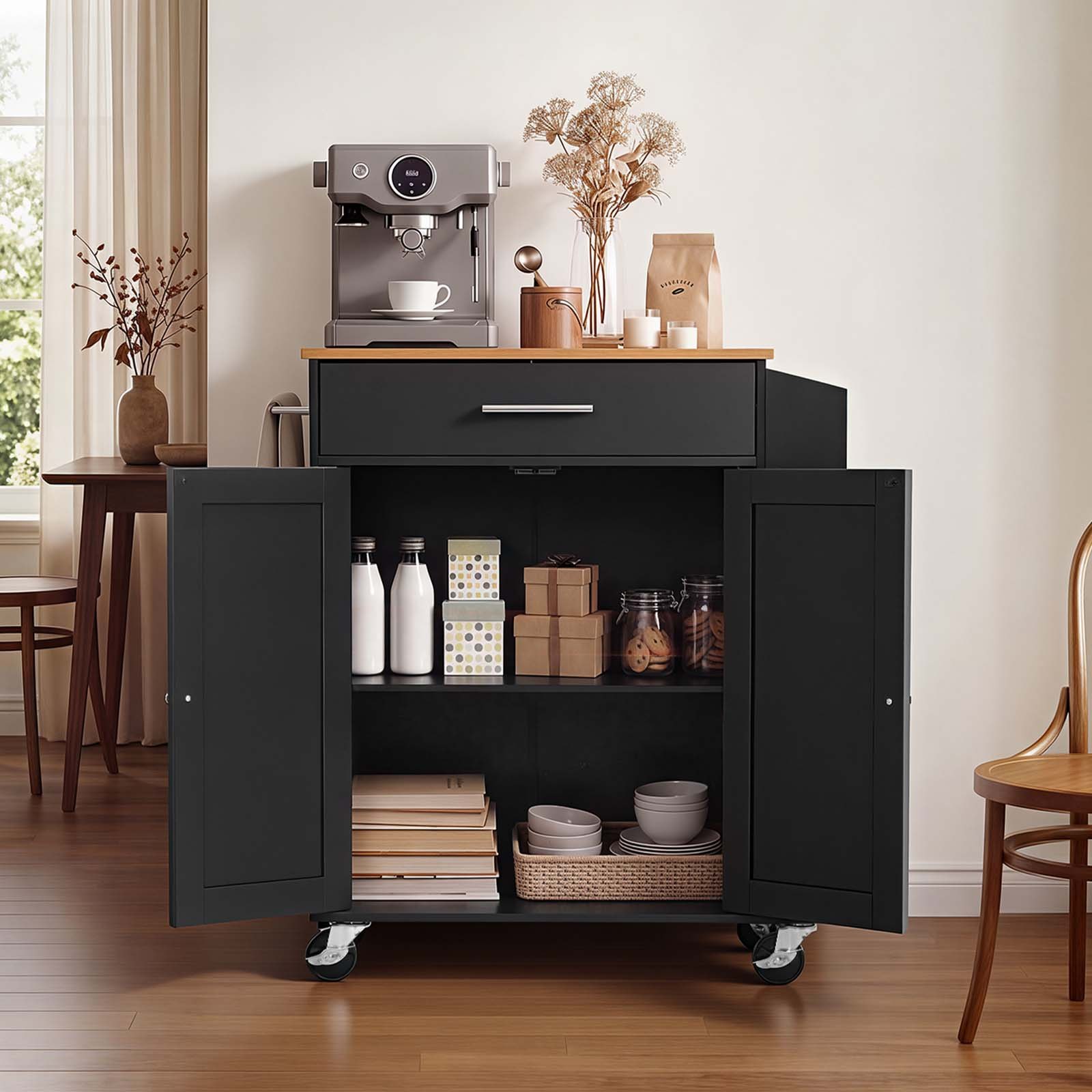 VEVOR Kitchen Island Cart with Storage, 31.3 in Wide Mobile Rolling Storage Island on Swivel Wheels, with Drawer, Storage Cabinet, Spice/Towel Rack, Table for Home Dining Room, Black
