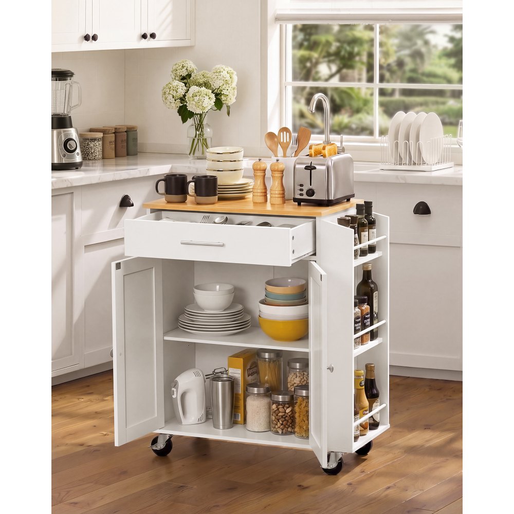 VEVOR Kitchen Island Cart with Storage, 31.3 in Wide Mobile Rolling Storage Island on Swivel Wheels, with Drawer, Storage Cabinet, Spice/Towel Rack,  Table for Home Dining Room, White
