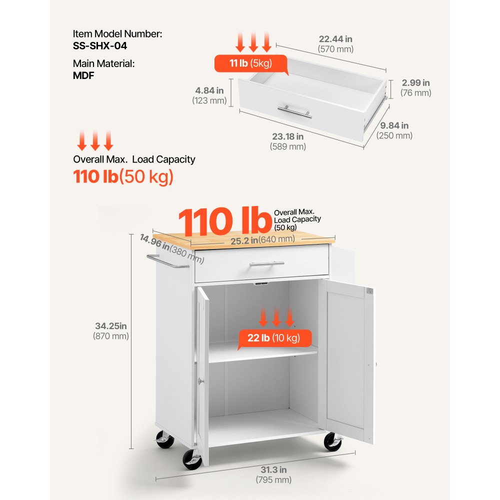 VEVOR Kitchen Island Cart with Storage, 31.3 in Wide Mobile Rolling Storage Island on Swivel Wheels, with Drawer, Storage Cabinet, Spice/Towel Rack,  Table for Home Dining Room, White