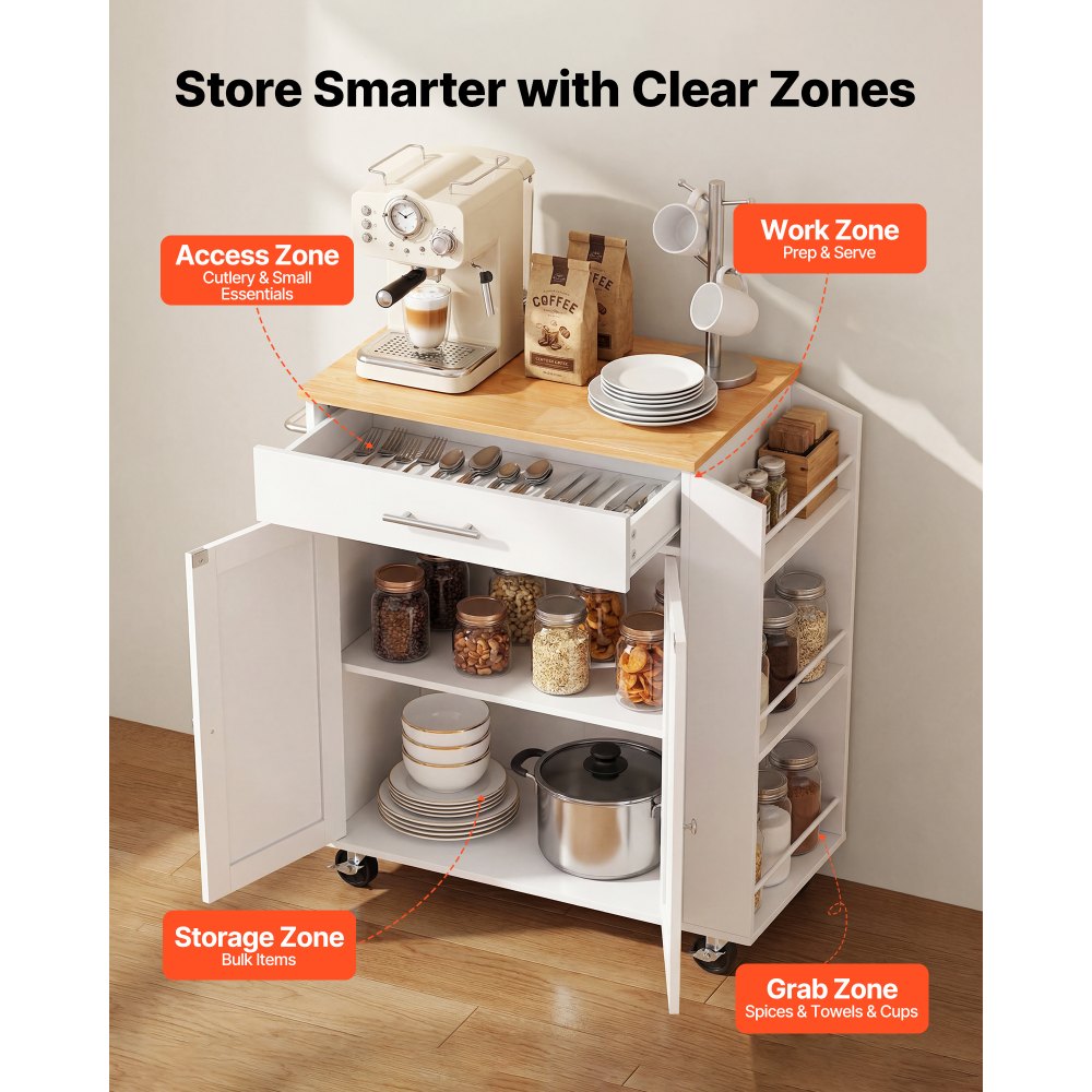 VEVOR Kitchen Island Cart with Storage, 31.3 in Wide Mobile Rolling Storage Island on Swivel Wheels, with Drawer, Storage Cabinet, Spice/Towel Rack,  Table for Home Dining Room, White
