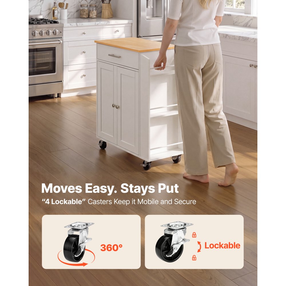 VEVOR Kitchen Island Cart with Storage, 31.3 in Wide Mobile Rolling Storage Island on Swivel Wheels, with Drawer, Storage Cabinet, Spice/Towel Rack,  Table for Home Dining Room, White
