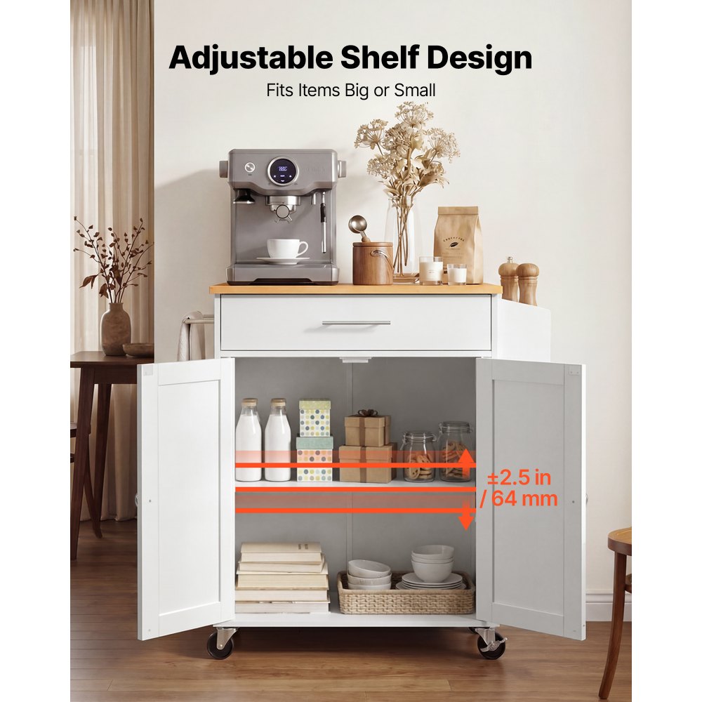 VEVOR Kitchen Island Cart with Storage, 31.3 in Wide Mobile Rolling Storage Island on Swivel Wheels, with Drawer, Storage Cabinet, Spice/Towel Rack,  Table for Home Dining Room, White