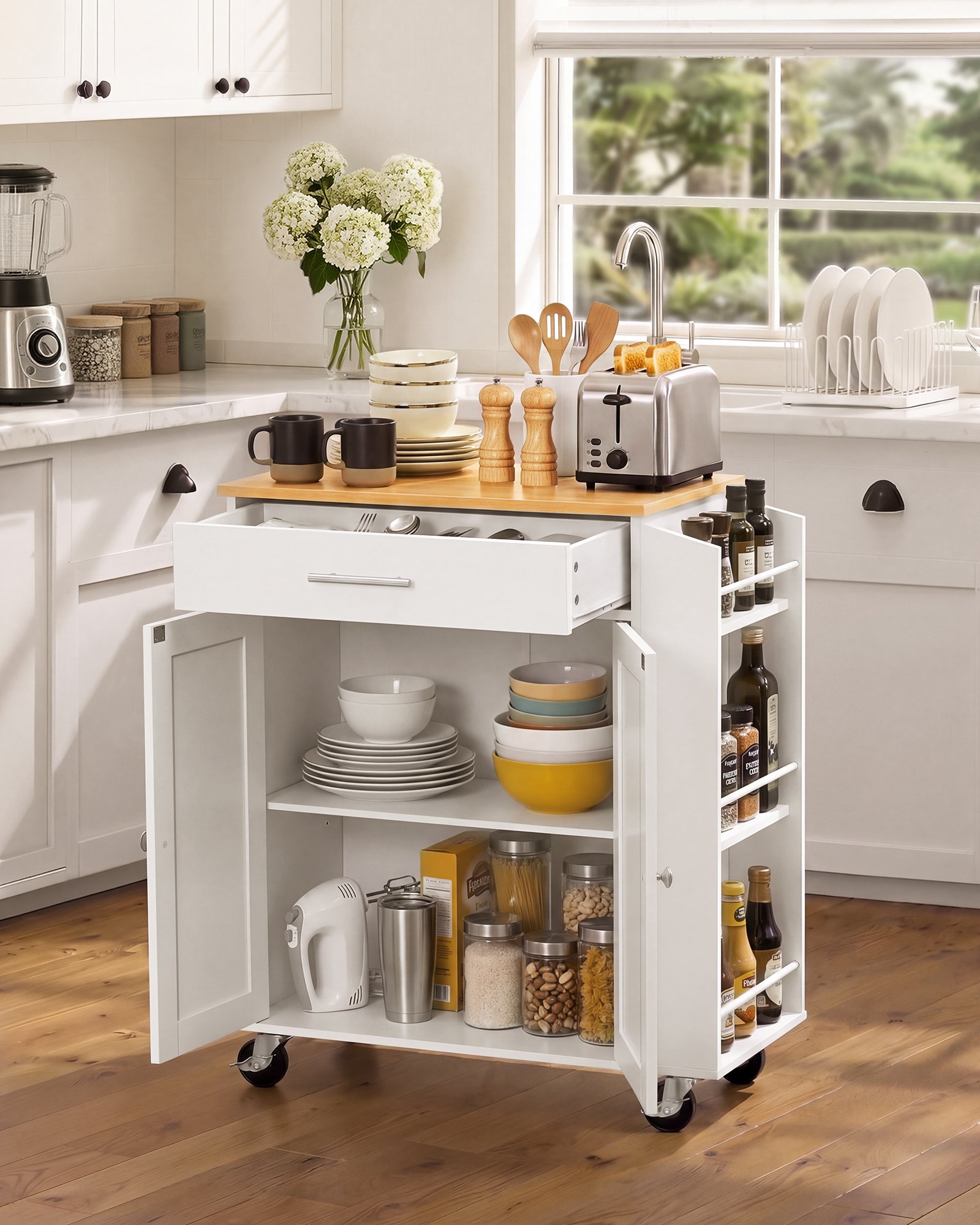 VEVOR Kitchen Island Cart with Storage, 31.3 in Wide Mobile Rolling Storage Island on Swivel Wheels, with Drawer, Storage Cabinet, Spice/Towel Rack,  Table for Home Dining Room, White