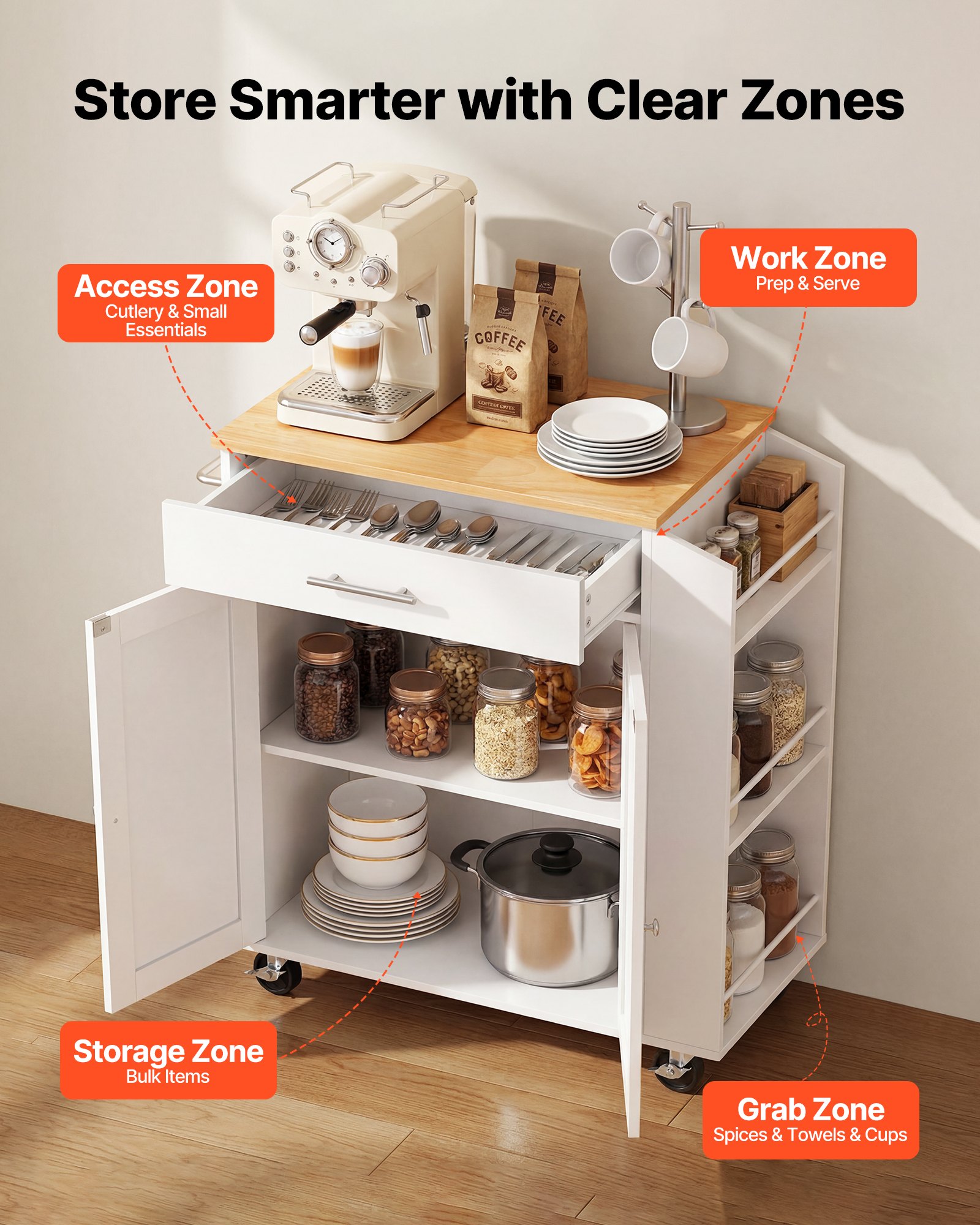 VEVOR Kitchen Island Cart with Storage, 31.3 in Wide Mobile Rolling Storage Island on Swivel Wheels, with Drawer, Storage Cabinet, Spice/Towel Rack,  Table for Home Dining Room, White
