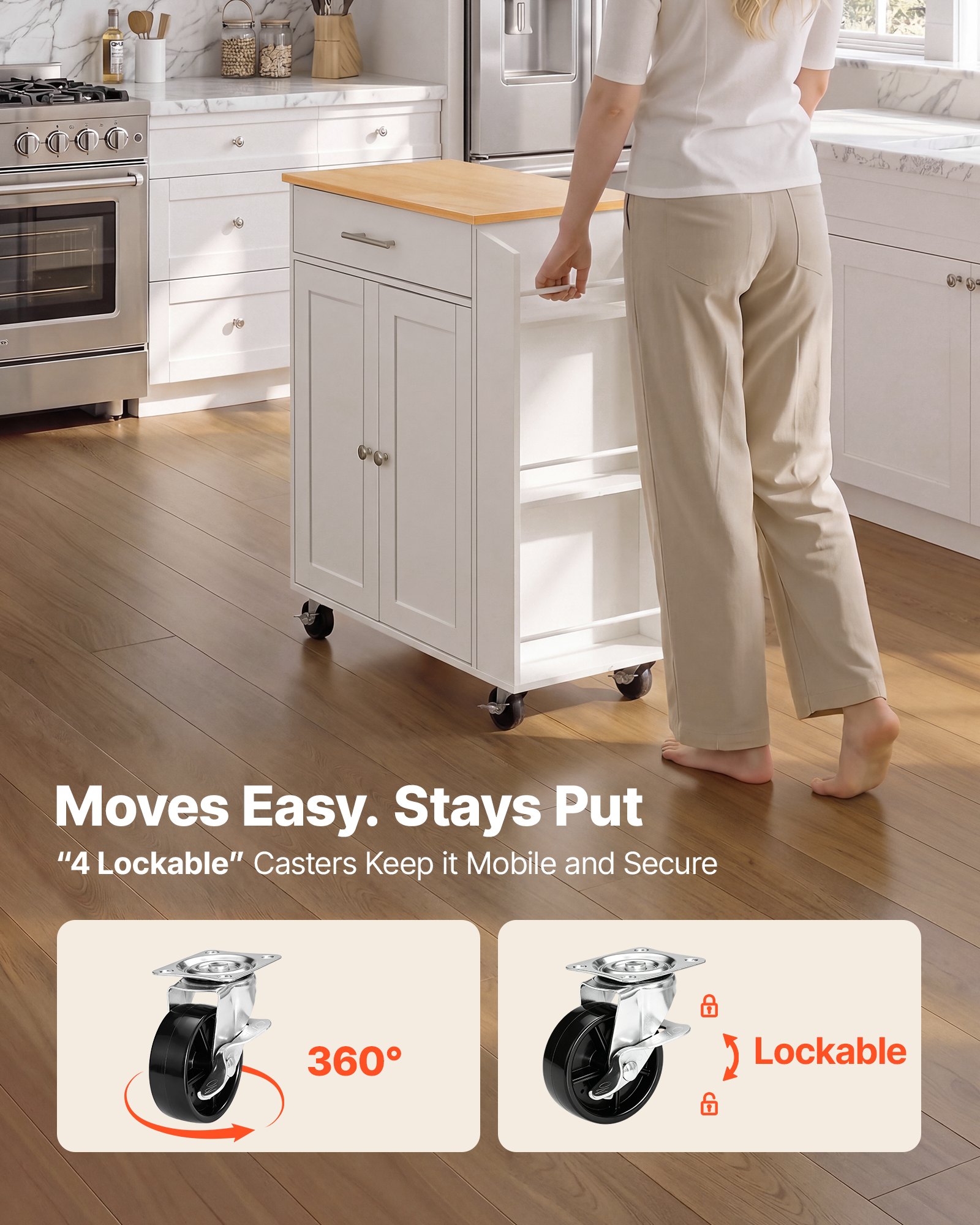 VEVOR Kitchen Island Cart with Storage, 31.3 in Wide Mobile Rolling Storage Island on Swivel Wheels, with Drawer, Storage Cabinet, Spice/Towel Rack,  Table for Home Dining Room, White