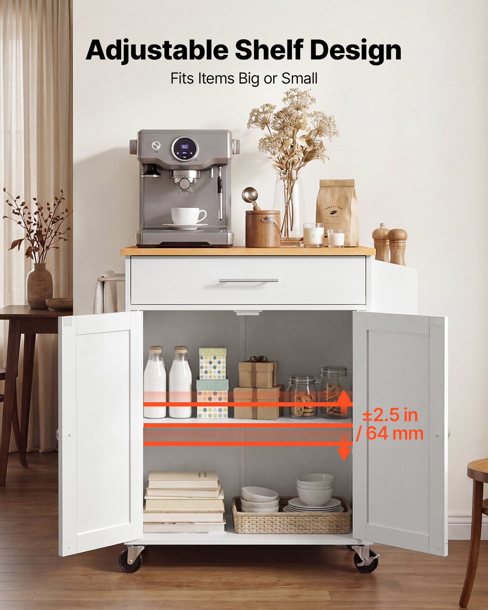VEVOR Kitchen Island Cart with Storage, 31.3 in Wide Mobile Rolling Storage Island on Swivel Wheels, with Drawer, Storage Cabinet, Spice/Towel Rack,  Table for Home Dining Room, White