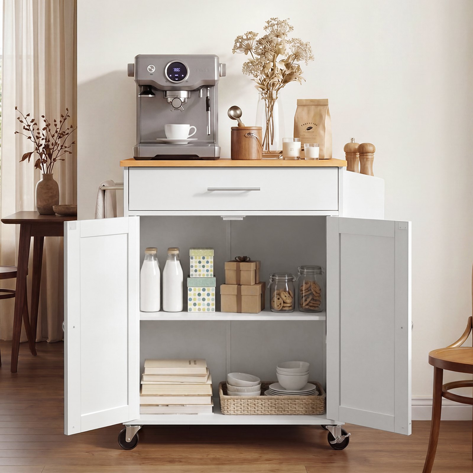 VEVOR Kitchen Island Cart with Storage, 31.3 in Wide Mobile Rolling Storage Island on Swivel Wheels, with Drawer, Storage Cabinet, Spice/Towel Rack,  Table for Home Dining Room, White