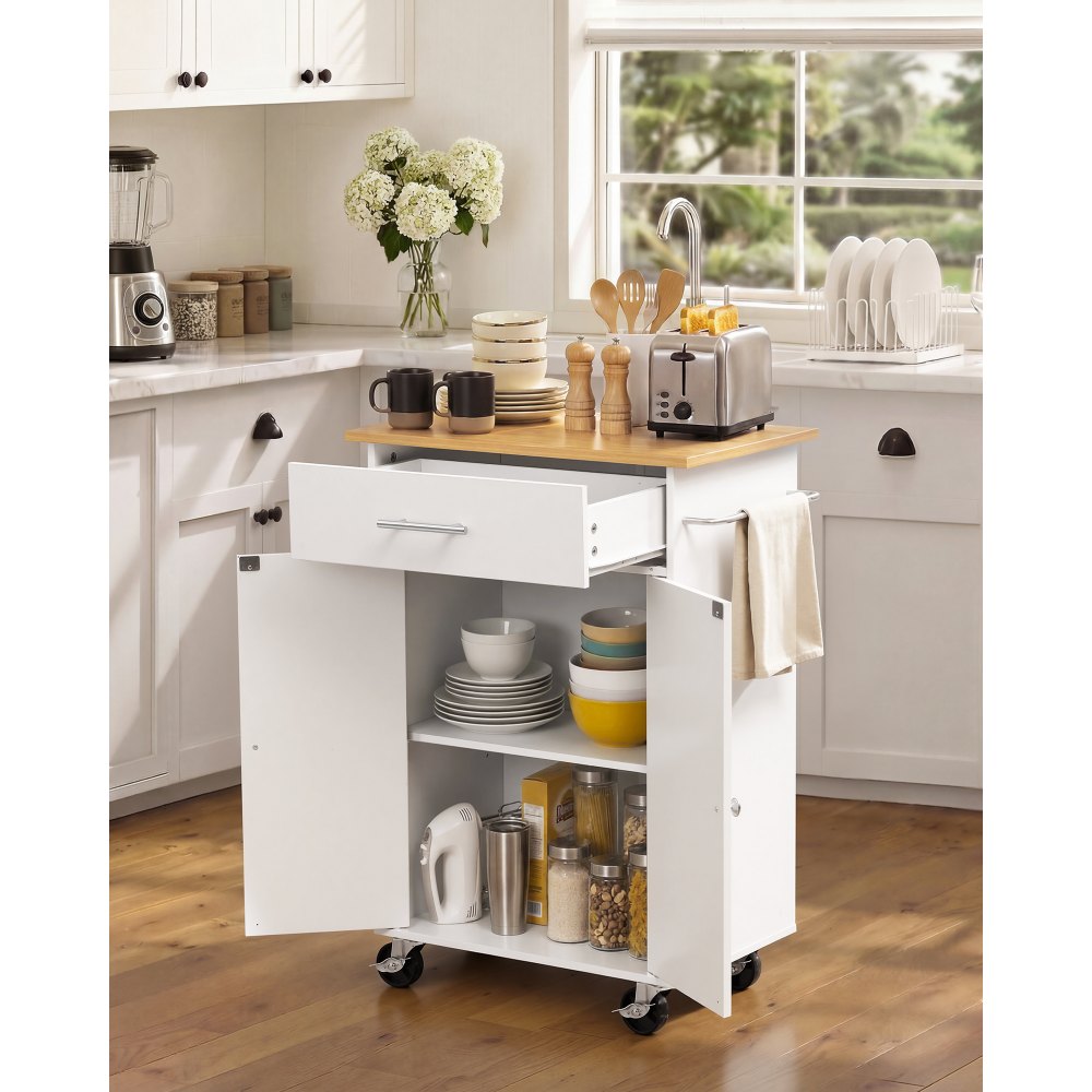 VEVOR Kitchen Island Cart with Storage, 24.84 in Wide Mobile Rolling Storage Island on Swivel Wheels, with Drawer, Storage Cabinet, Towel Rack, Hooks, Table for Home Dining Room, White