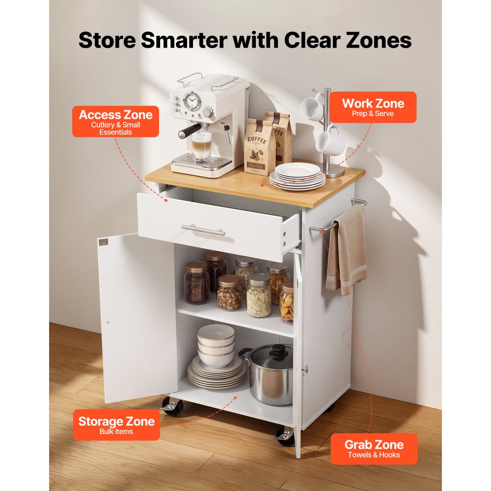 VEVOR Kitchen Island Cart with Storage, 24.84 in Wide Mobile Rolling Storage Island on Swivel Wheels, with Drawer, Storage Cabinet, Towel Rack, Hooks, Table for Home Dining Room, White