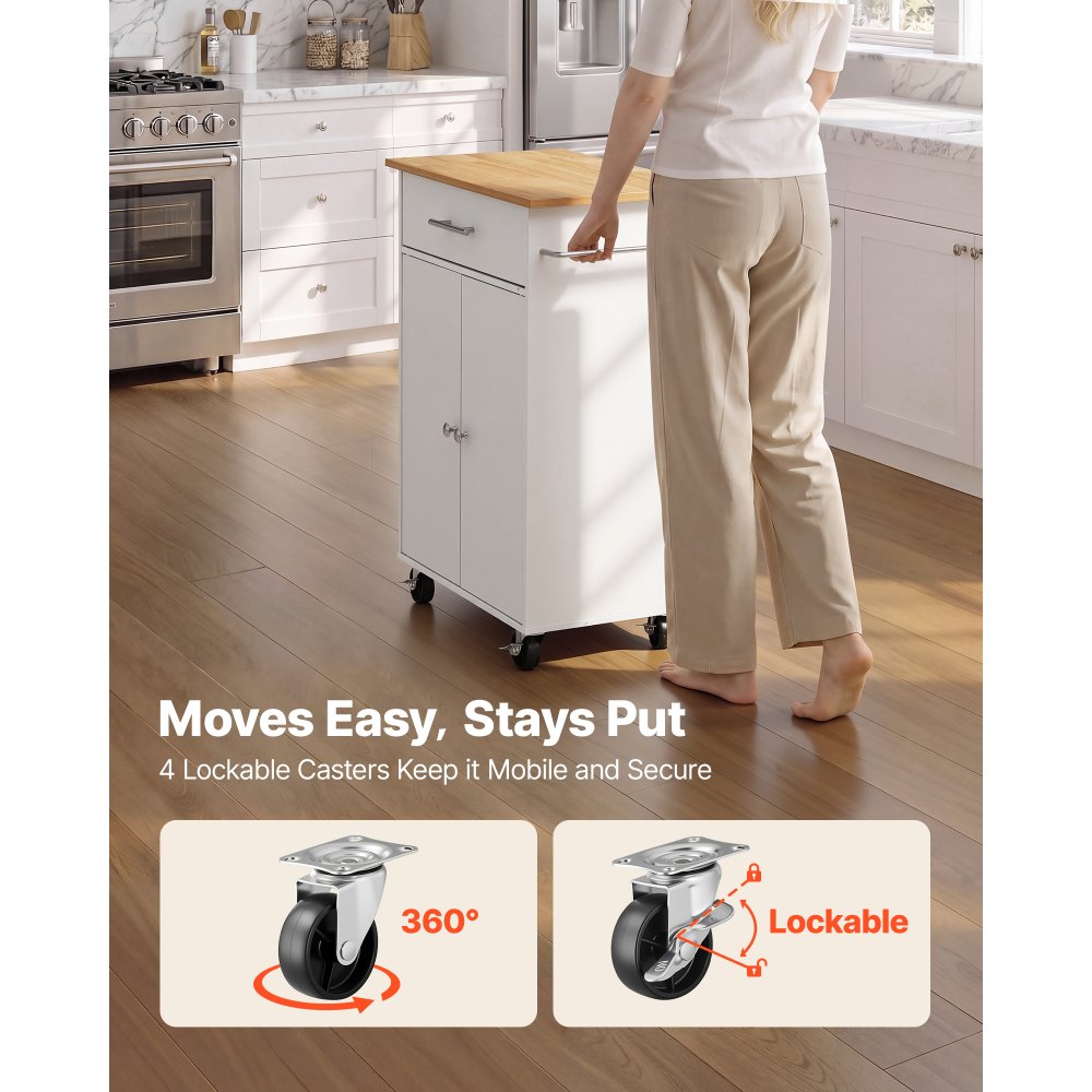 VEVOR Kitchen Island Cart with Storage, 24.84 in Wide Mobile Rolling Storage Island on Swivel Wheels, with Drawer, Storage Cabinet, Towel Rack, Hooks, Table for Home Dining Room, White