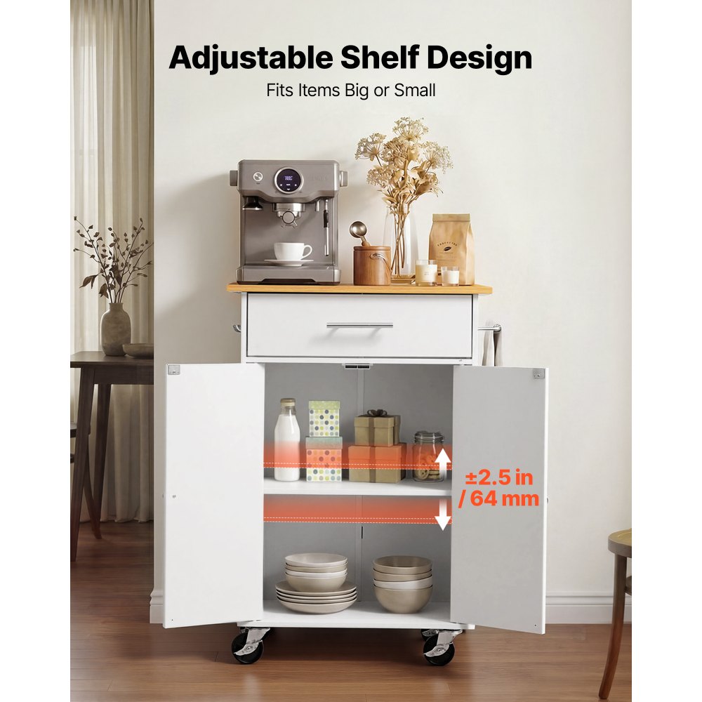 VEVOR Kitchen Island Cart with Storage, 24.84 in Wide Mobile Rolling Storage Island on Swivel Wheels, with Drawer, Storage Cabinet, Towel Rack, Hooks, Table for Home Dining Room, White