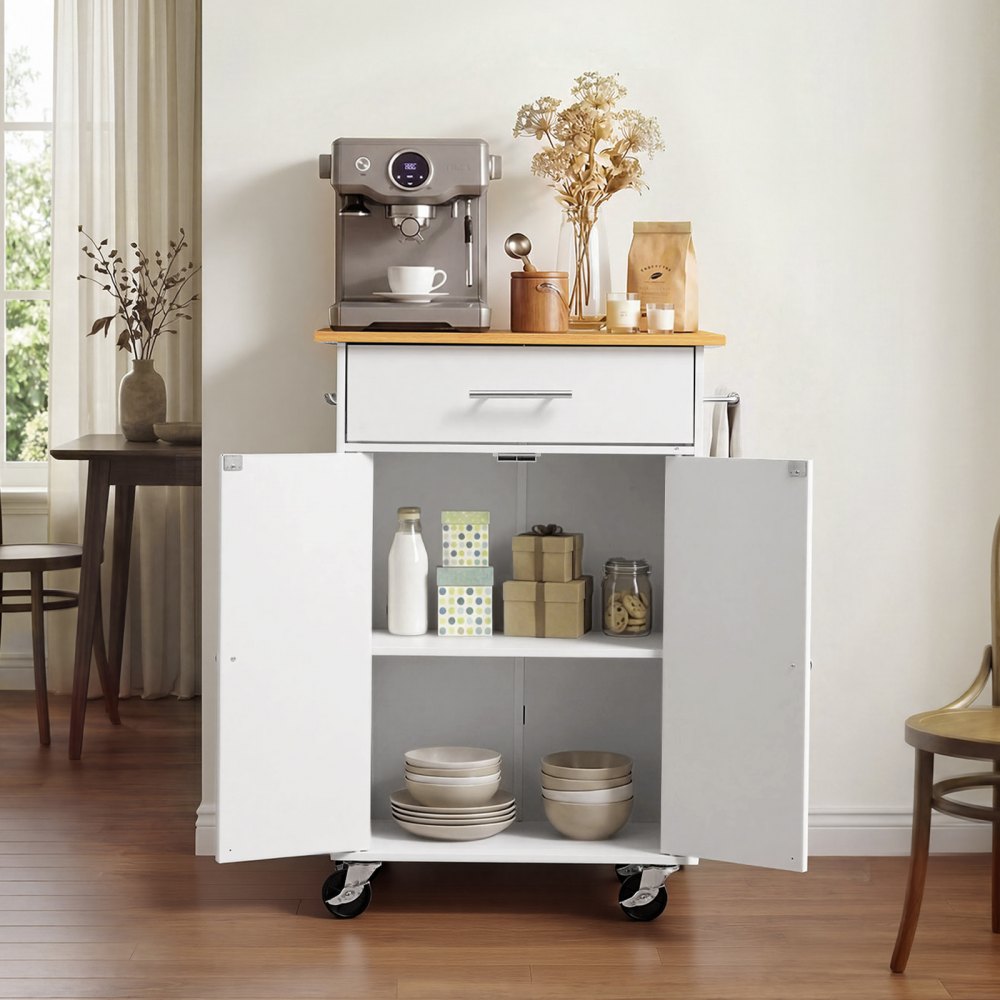 VEVOR Kitchen Island Cart with Storage, 24.84 in Wide Mobile Rolling Storage Island on Swivel Wheels, with Drawer, Storage Cabinet, Towel Rack, Hooks, Table for Home Dining Room, White