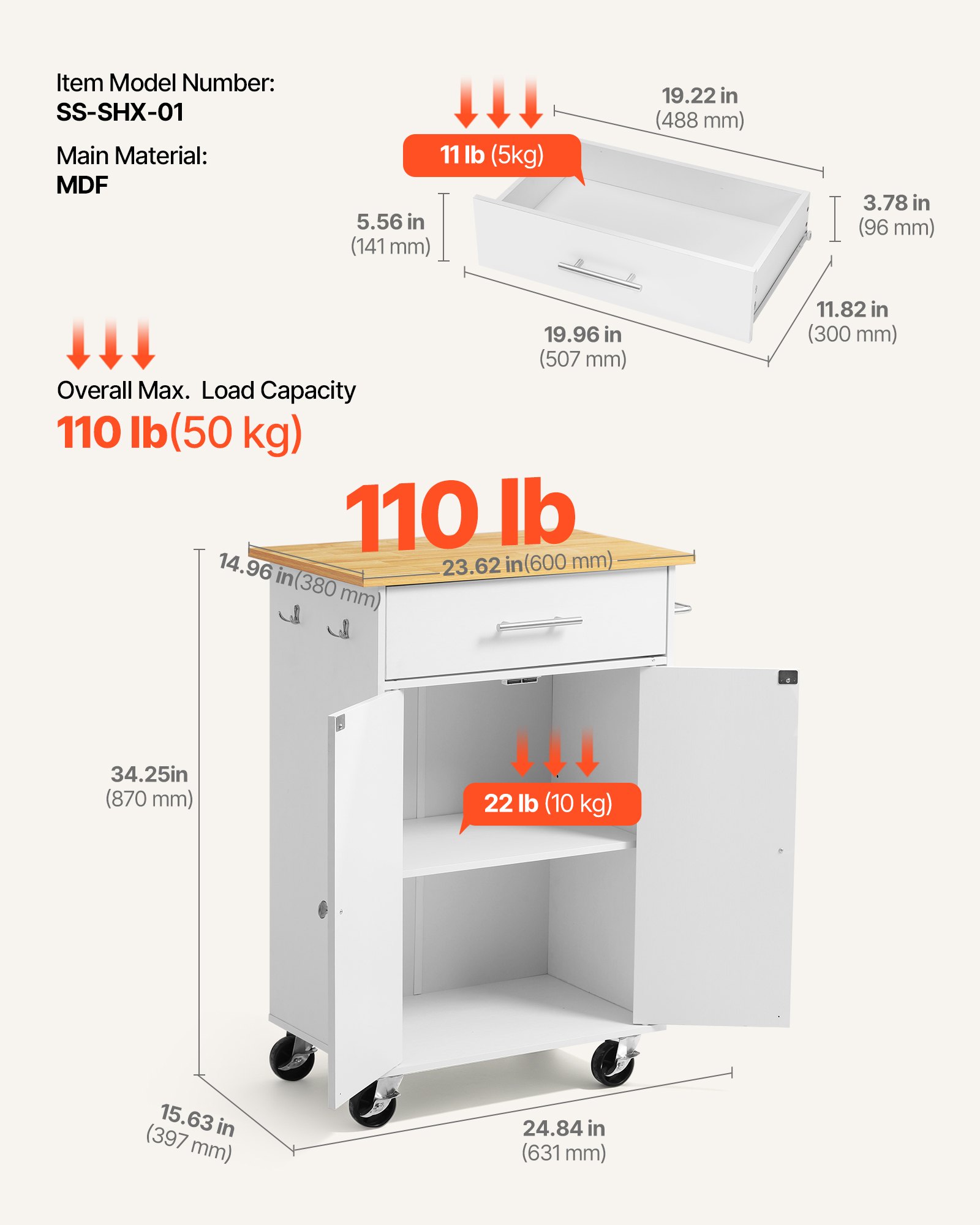 VEVOR Kitchen Island Cart with Storage, 24.84 in Wide Mobile Rolling Storage Island on Swivel Wheels, with Drawer, Storage Cabinet, Towel Rack, Hooks, Table for Home Dining Room, White