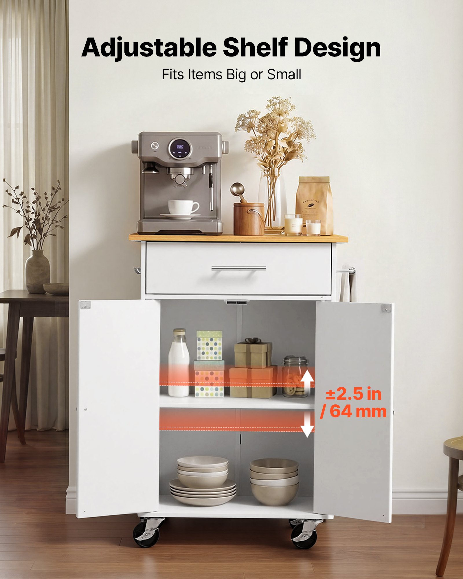 VEVOR Kitchen Island Cart with Storage, 24.84 in Wide Mobile Rolling Storage Island on Swivel Wheels, with Drawer, Storage Cabinet, Towel Rack, Hooks, Table for Home Dining Room, White