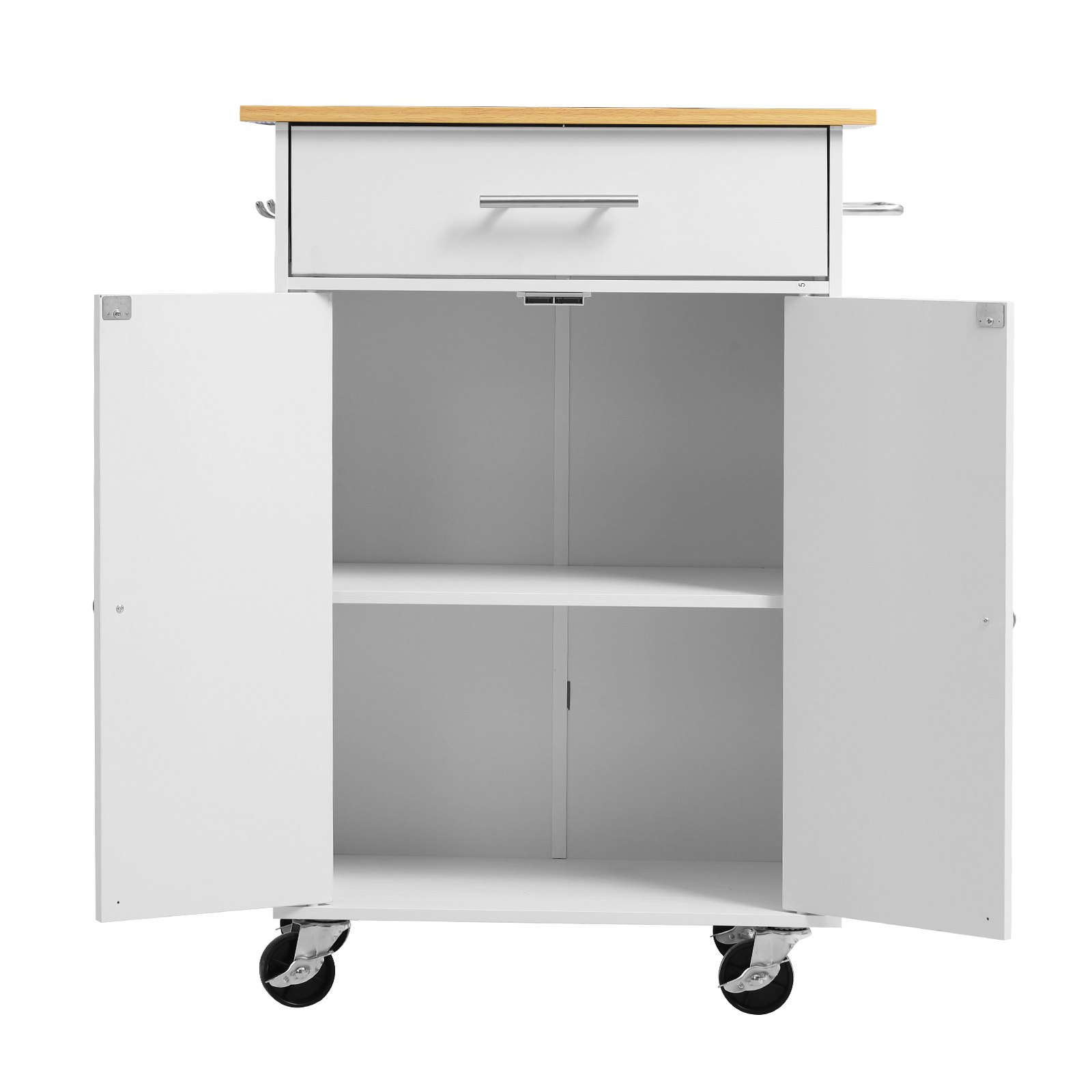 VEVOR Kitchen Island Cart with Storage, 24.84 in Wide Mobile Rolling Storage Island on Swivel Wheels, with Drawer, Storage Cabinet, Towel Rack, Hooks, Table for Home Dining Room, White
