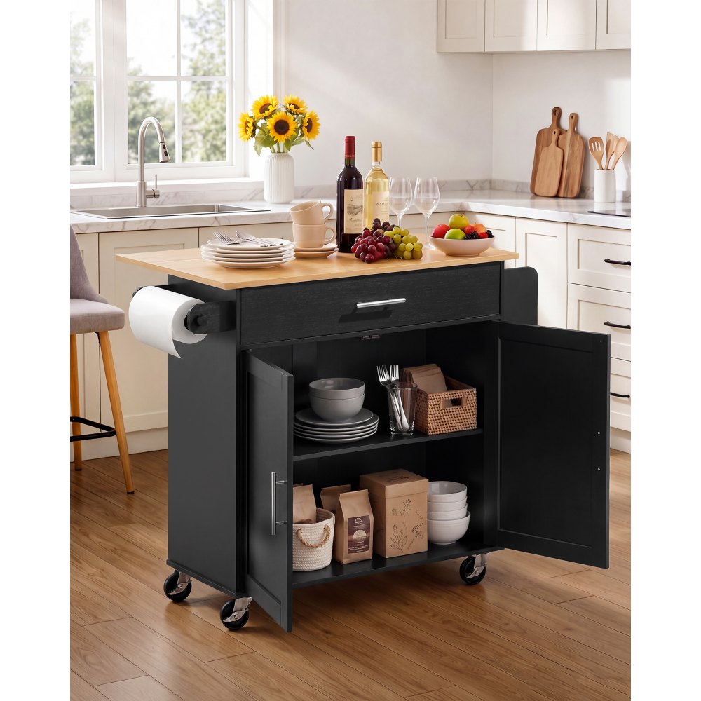 VEVOR Kitchen Island Cart with Storage, 42.28 in Wide Mobile Rolling Storage Island on Swivel Wheels, with Drawer, Storage Cabinet, Drop Leaf, Spice Rack, Table for Home Dining Room, Black