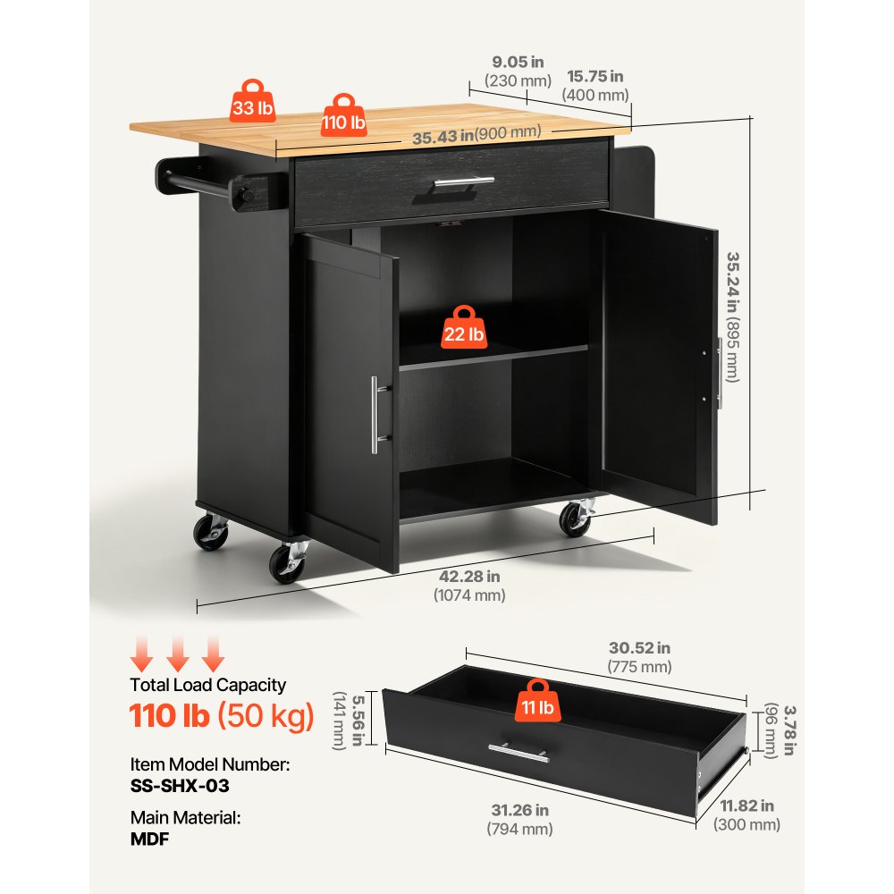 VEVOR Kitchen Island Cart with Storage, 42.28 in Wide Mobile Rolling Storage Island on Swivel Wheels, with Drawer, Storage Cabinet, Drop Leaf, Spice Rack, Table for Home Dining Room, Black